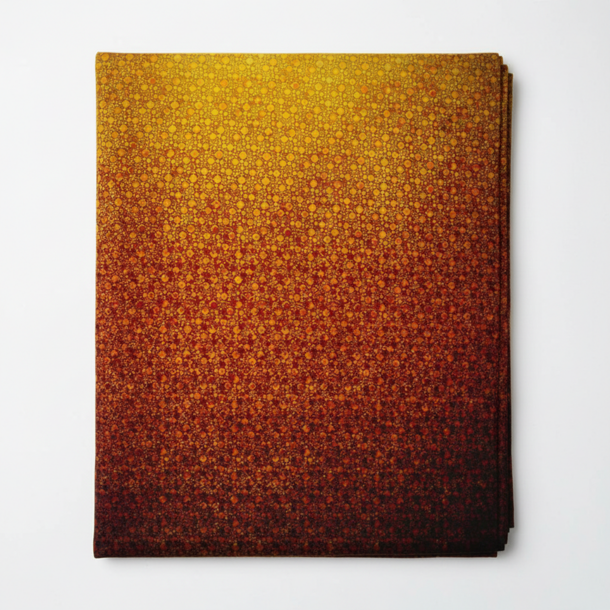 I Dream In Color Gold Ombre quilting cotton fabric folded to show allover ombre bubble dot pattern – bright golden yellow fading through warm amber and orange to deep burgundy-brown with organic varying circle sizes by Jason Yenter for In The Beginning Fabrics, 100% cotton, 3 yard cut