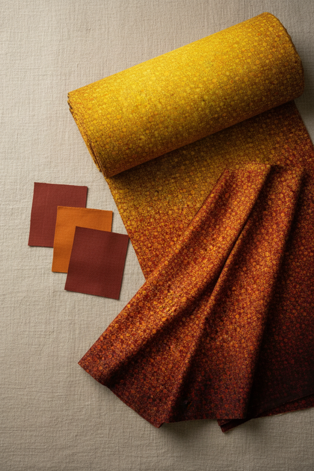 I Dream In Color Gold Ombre fabric by Jason Yenter for In The Beginning Fabrics folded on a warm linen surface with coordinating amber, pumpkin, and burgundy fabrics – allover ombre bubble dot pattern from golden yellow to deep burgundy-brown, perfect for bold warm-toned quilt projects, 100% cotton, 3 yard cut