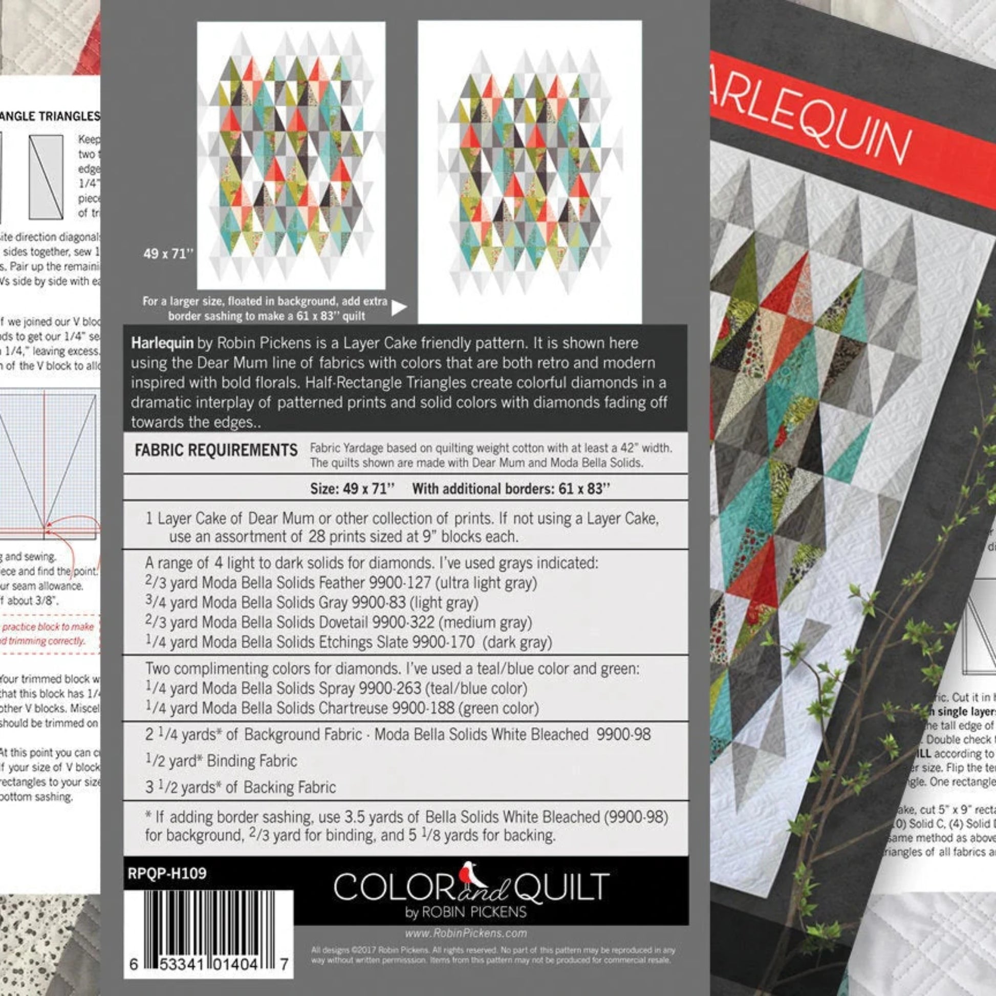 Harlequin quilt pattern by Robin Pickens – back cover with fabric requirements and yardage details