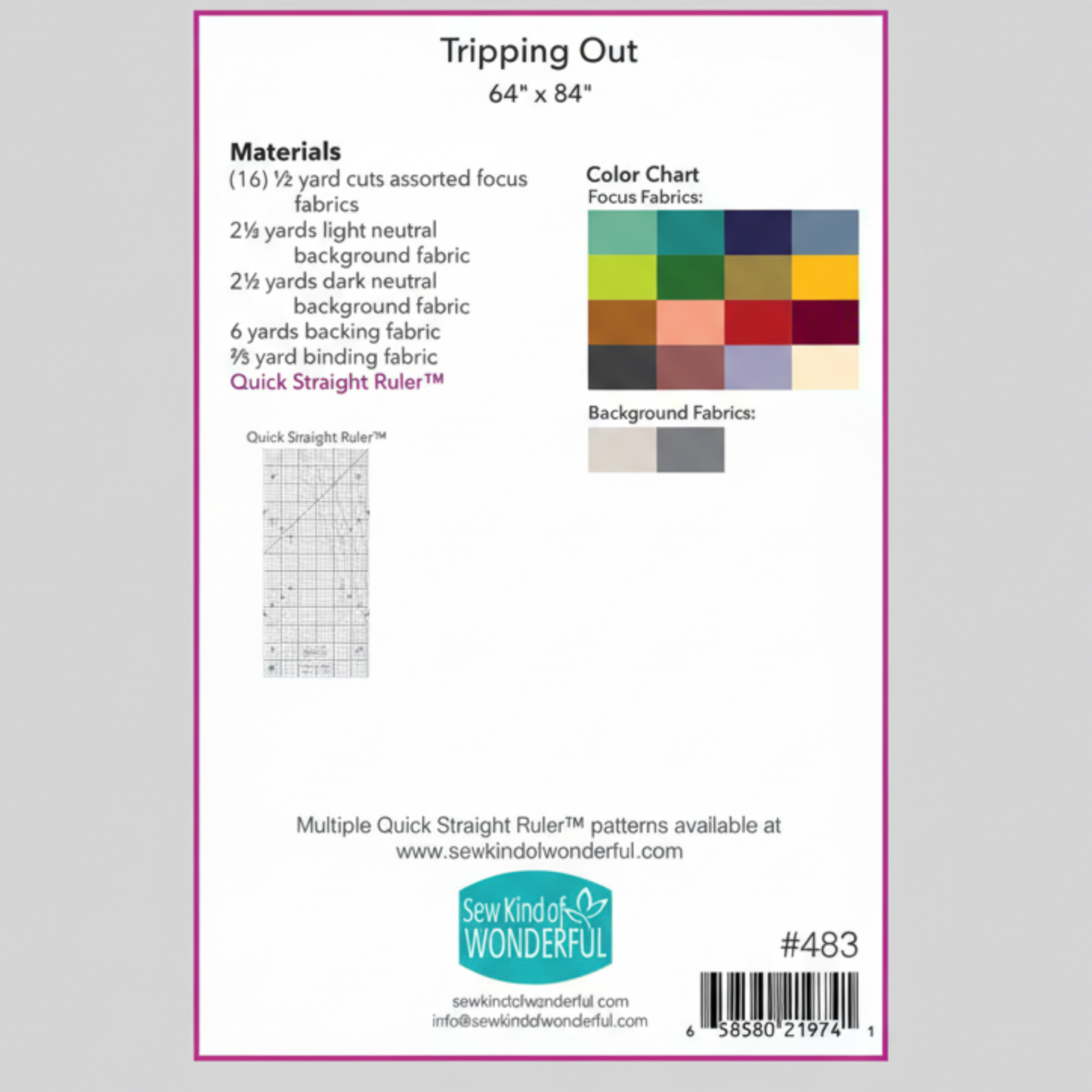 Back cover of Tripping Out quilt pattern by Sew Kind of Wonderful showing materials and color chart