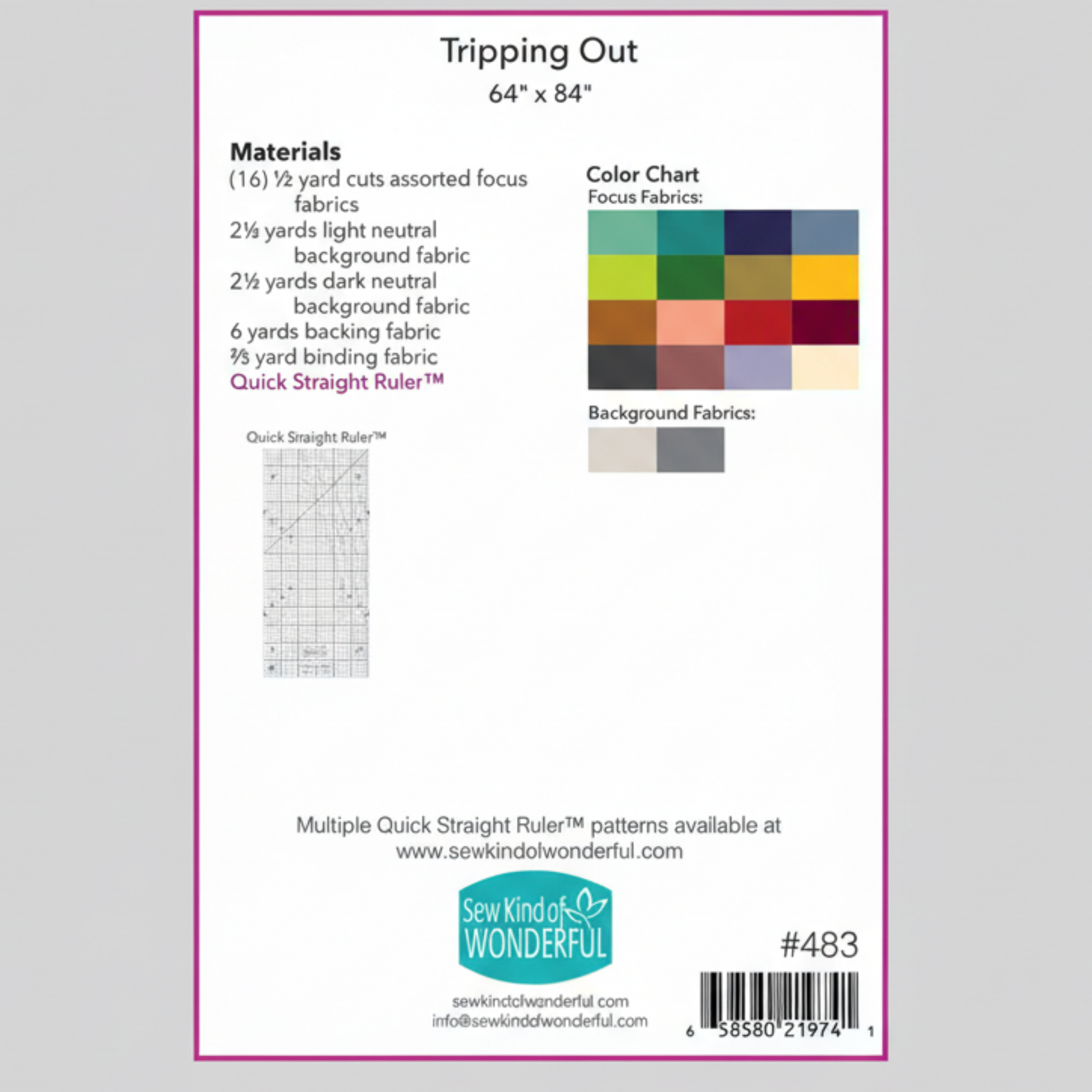 Back cover of Tripping Out quilt pattern by Sew Kind of Wonderful showing materials and color chart
