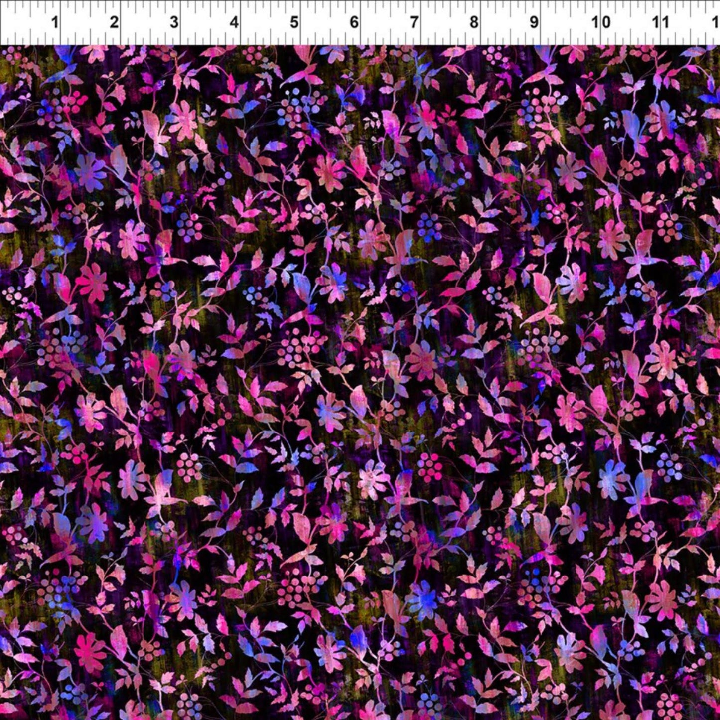 Halcyon II Magenta Vines fabric flat lay with ruler showing pattern repeat, allover magenta, pink, and blue botanical vines and berries on black quilting cotton by Jason Yenter for In The Beginning Fabrics