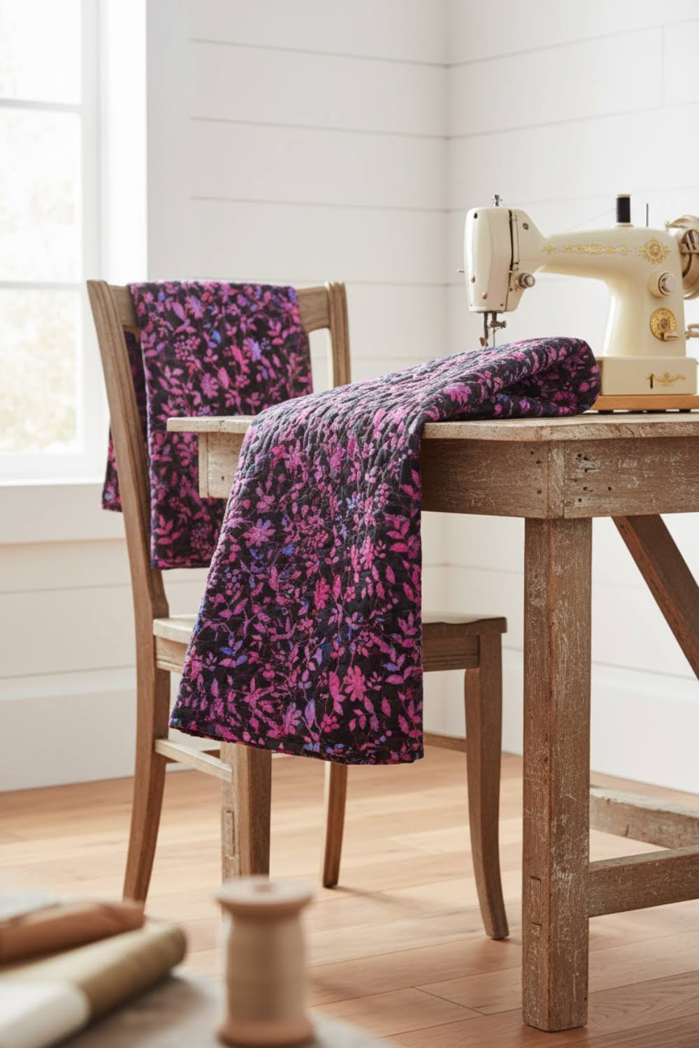 Halcyon II Magenta Vines fabric draped over rustic wood chair and rolled on farmhouse table beside vintage sewing machine, magenta and pink botanical on black cotton by Jason Yenter for In The Beginning Fabrics