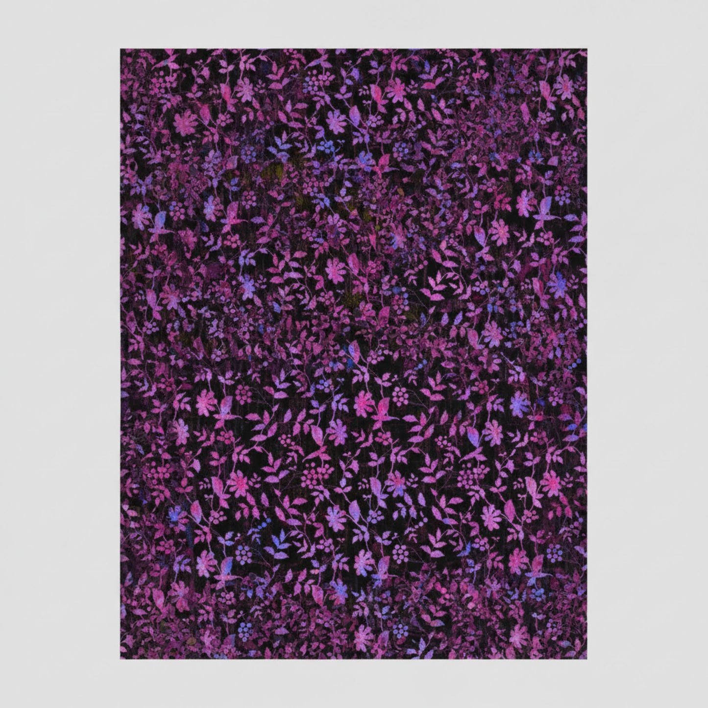 Halcyon II Magenta Vines full yardage flat lay showing complete allover magenta, pink, and blue botanical vine pattern on black quilting cotton by Jason Yenter for In The Beginning Fabrics
