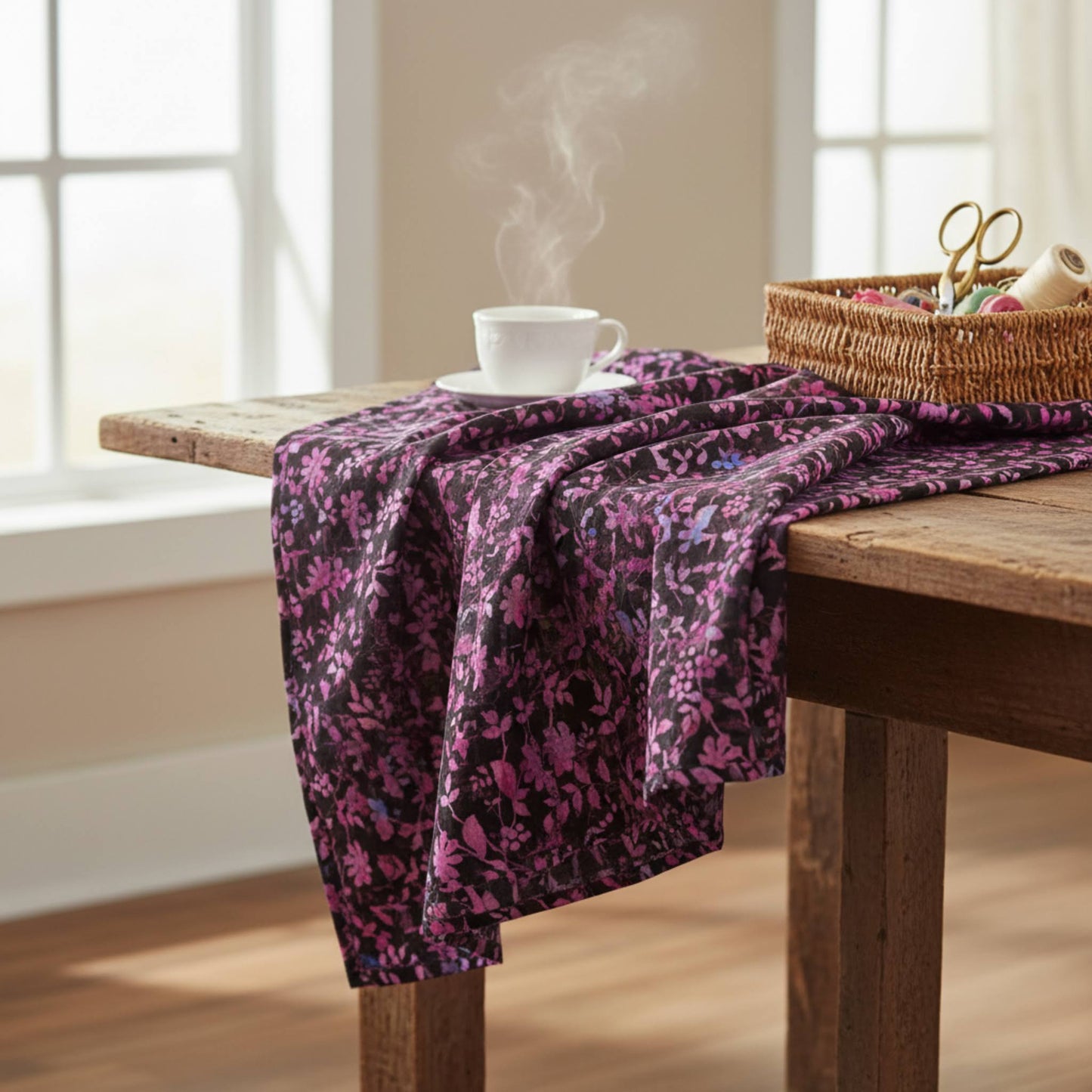 Halcyon II Magenta Vines fabric draped across farmhouse table by sunny window with steaming tea, gold scissors, and sewing basket, magenta and pink botanical on black cotton by Jason Yenter for In The Beginning Fabrics