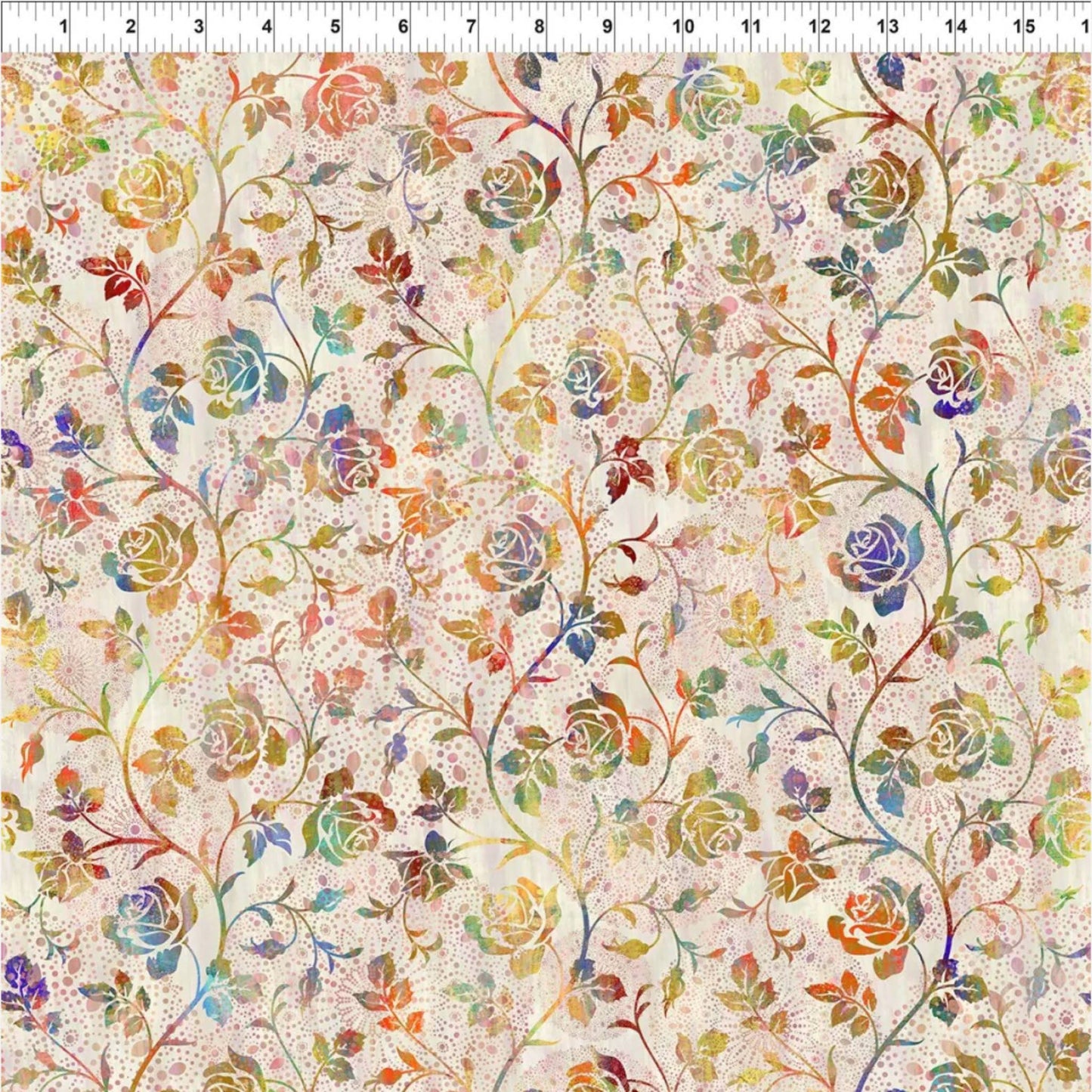 Halcyon II Multi Cream Roses fabric flat lay with ruler showing 15-inch width, allover multicolor rose and vine print on cream cotton by Jason Yenter for In The Beginning Fabrics