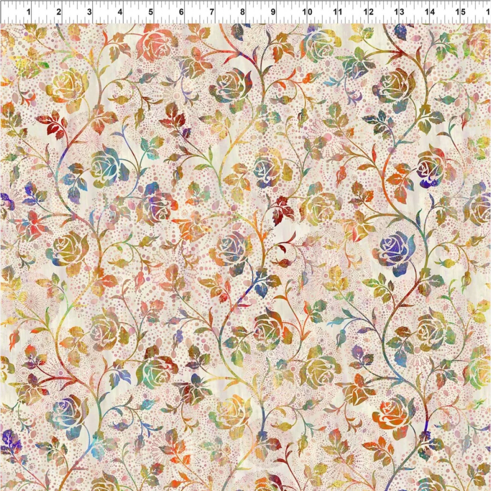 Halcyon II Multi Cream Roses fabric flat lay with ruler showing 15-inch width, allover multicolor rose and vine print on cream cotton by Jason Yenter for In The Beginning Fabrics