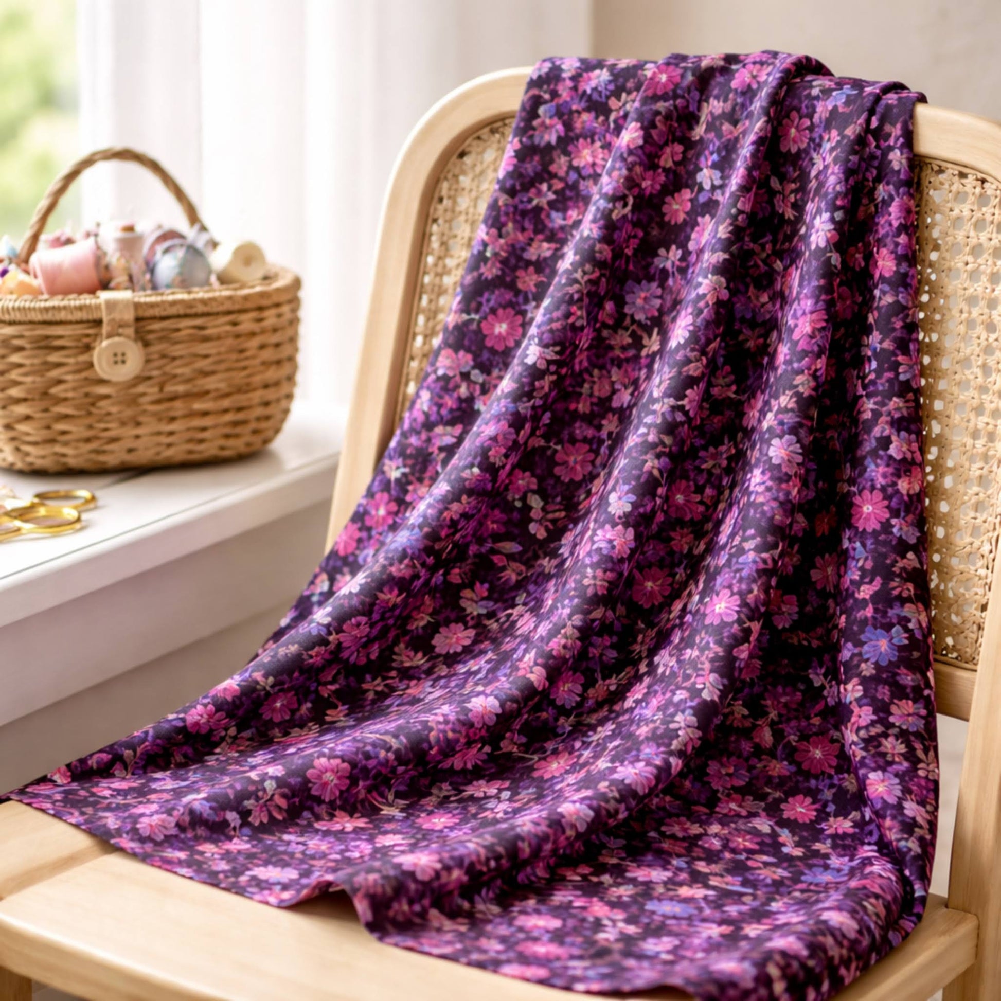 Halcyon II Magenta Vines fabric draped over cane chair by sunny window with sewing basket and gold scissors, pink and magenta floral on deep purple cotton by Jason Yenter for In The Beginning Fabrics