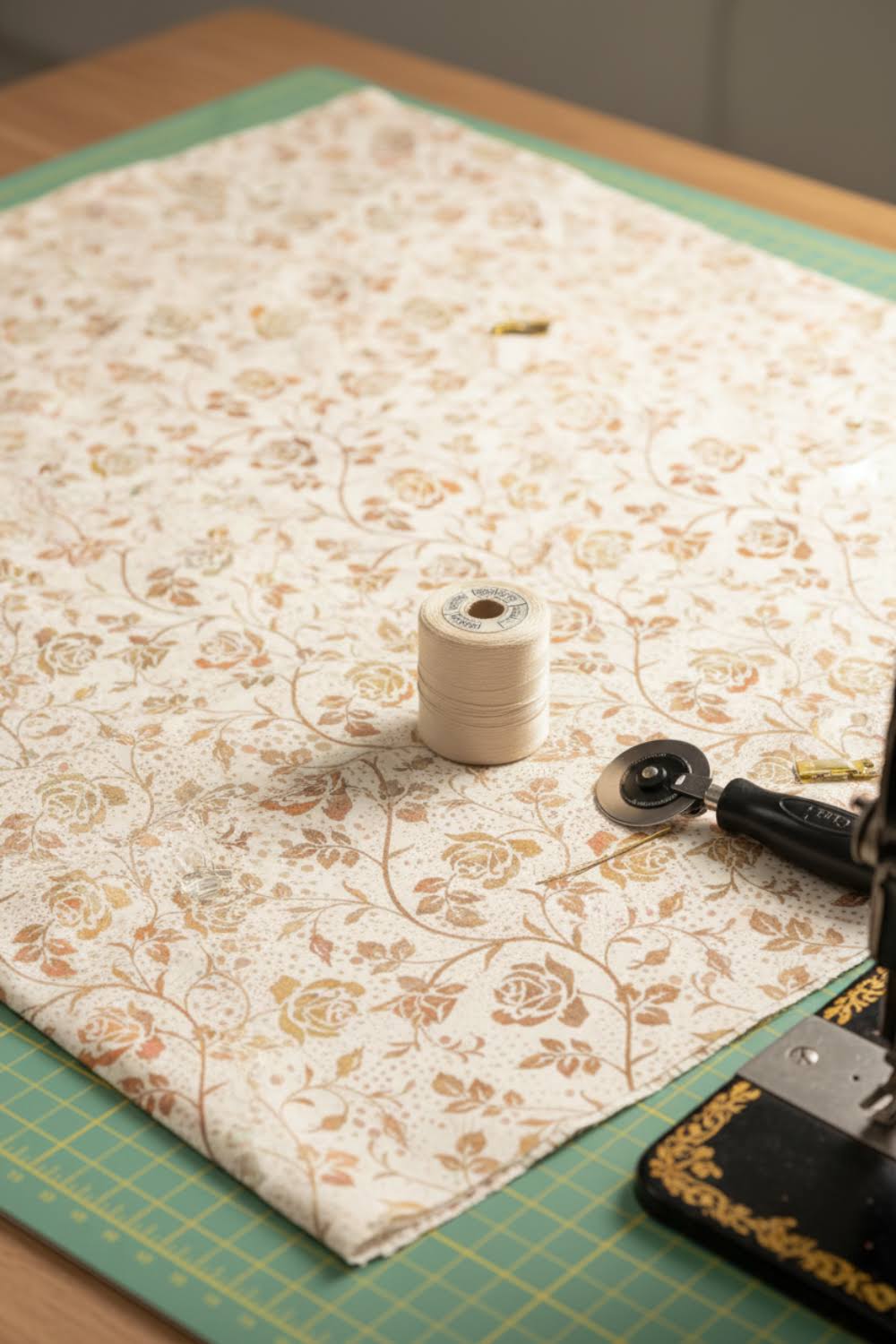 Halcyon II Multi Cream Roses quilting cotton on cutting mat with rotary cutter, thread, and sewing machine by Jason Yenter for In The Beginning Fabrics