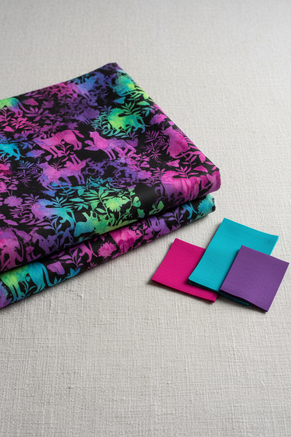 Impressions Jewel Jungle fabric by Jason Yenter for In The Beginning Fabrics folded on a linen surface – jewel-toned animal silhouettes and lush botanical foliage in hot pink, purple, teal, and lime green on deep black ground, perfect for bold and dramatic quilt projects, 100% cotton, 3 yard cut