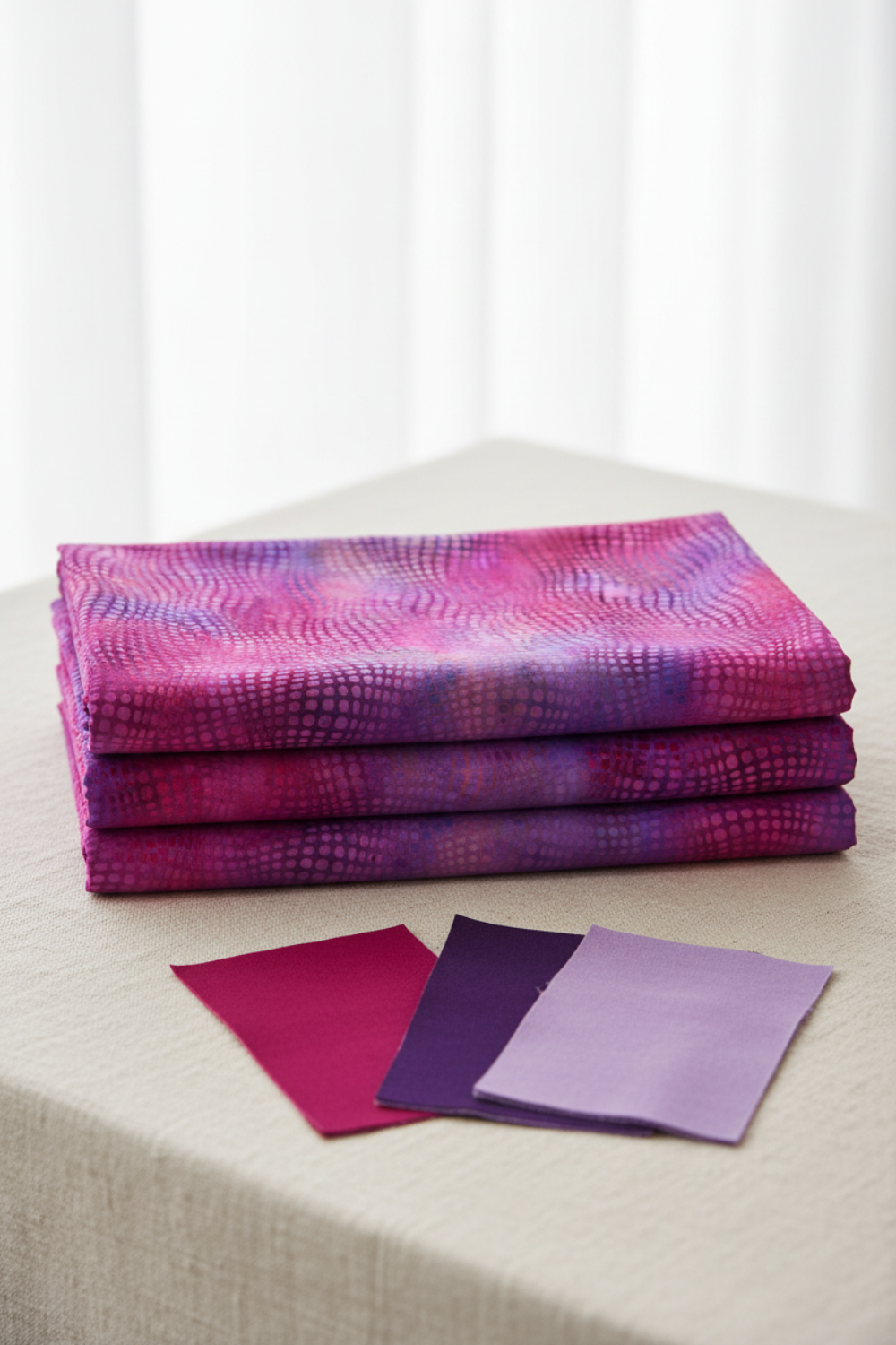 Three yards of Impressions Magenta Dots quilting cotton fabric neatly folded and stacked, with magenta, purple, and lavender color swatches – by Jason Yenter for In The Beginning Fabrics, 100% cotton