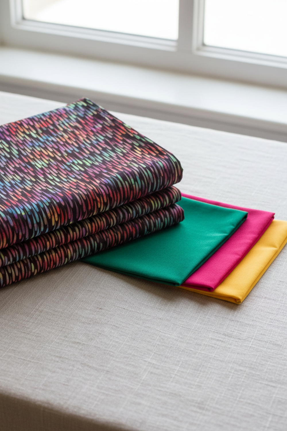 Impressions Multi Dark Raindrops fabric by Jason Yenter for In The Beginning Fabrics folded on a linen surface – dense multicolor teardrop pattern in jewel tones of red, pink, teal, green, and yellow on deep dark ground, perfect for scrappy and blender quilt projects, 100% cotton, 3 yard cut