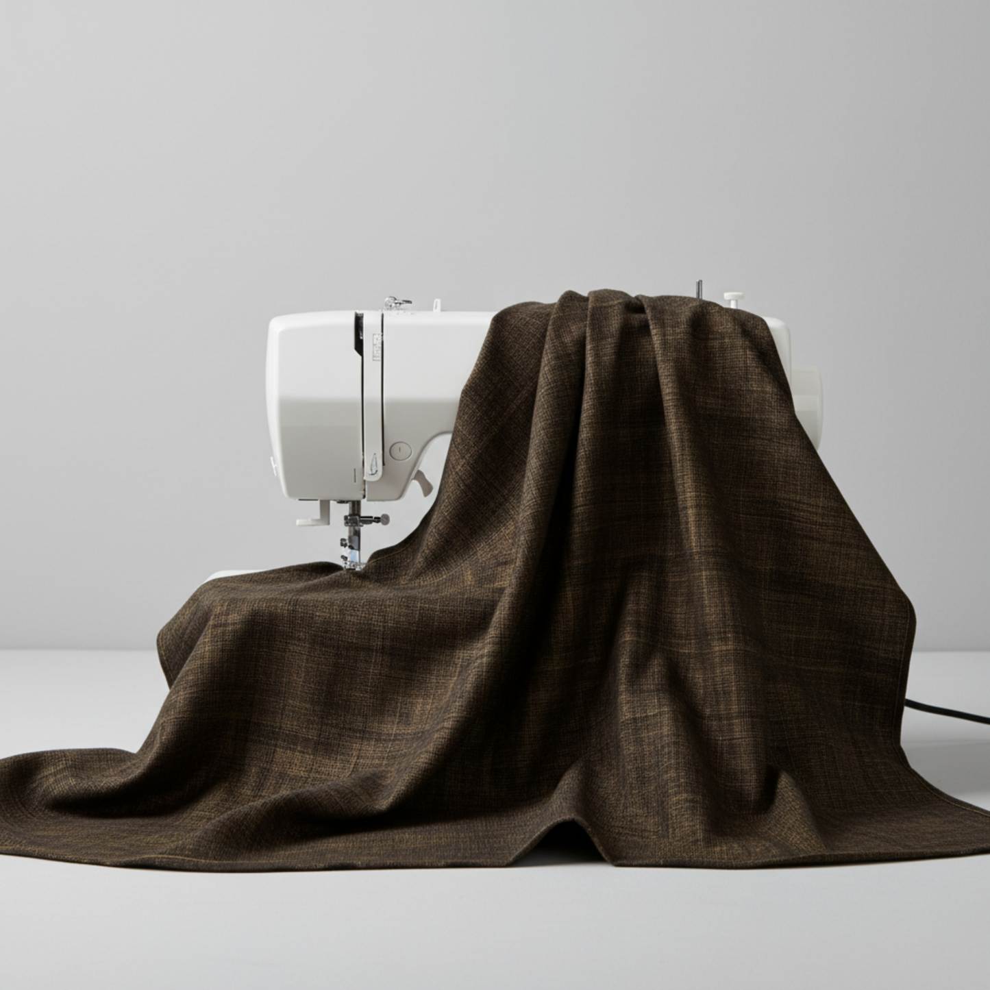 Interwoven Bark Fabric by Jason Yenter for In The Beginning Fabrics draped over a sewing machine with soft natural folds showing the very dark brown geometric crosshatch print
