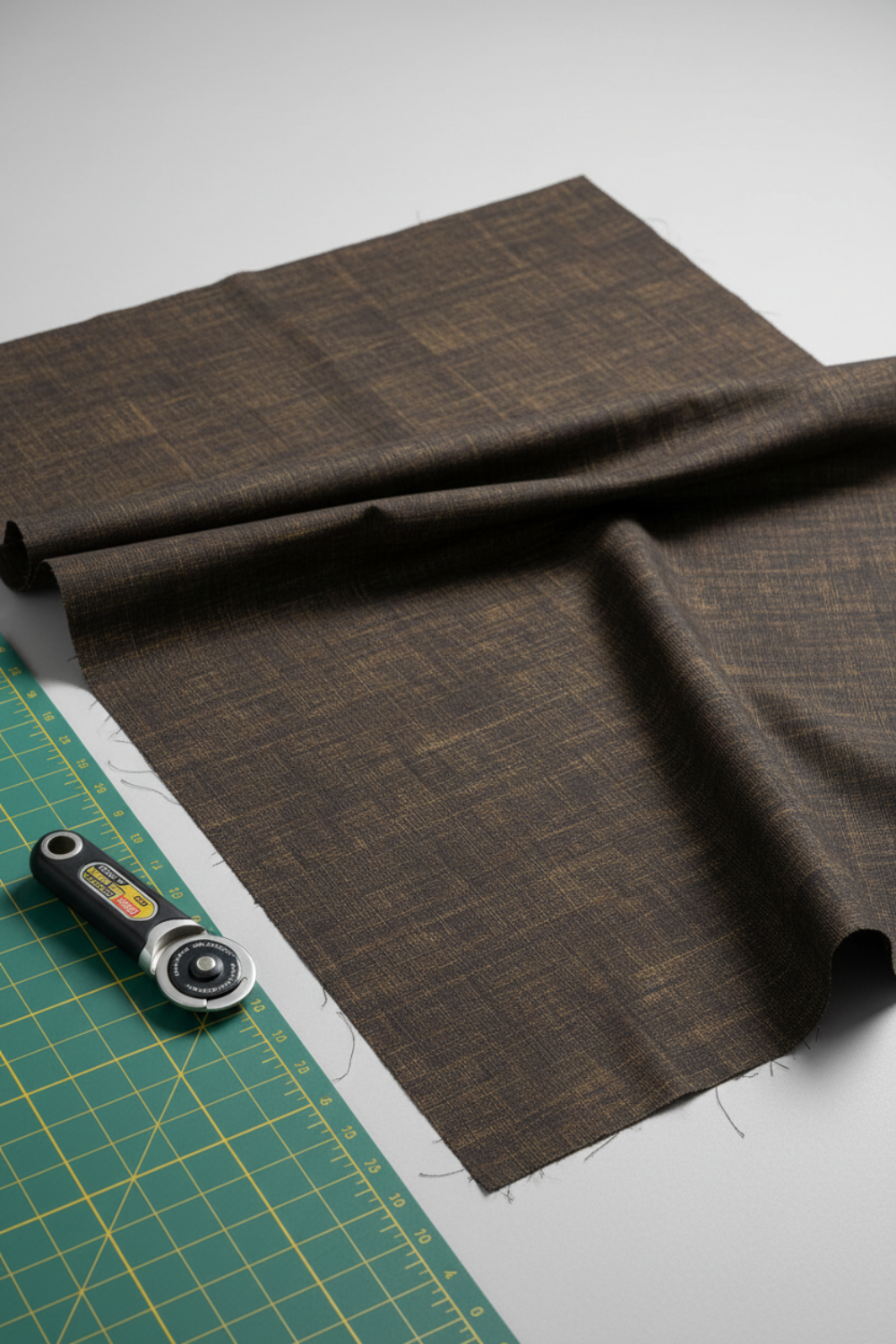 Very dark brown quilting cotton fabric in a bright modern sewing room with cutting mat and rotary cutter – Interwoven Bark by Jason Yenter. Shop at IraRobi Quilts | #barkfabric #interwoven #quiltingstudio #sewingroom #quiltingfabric