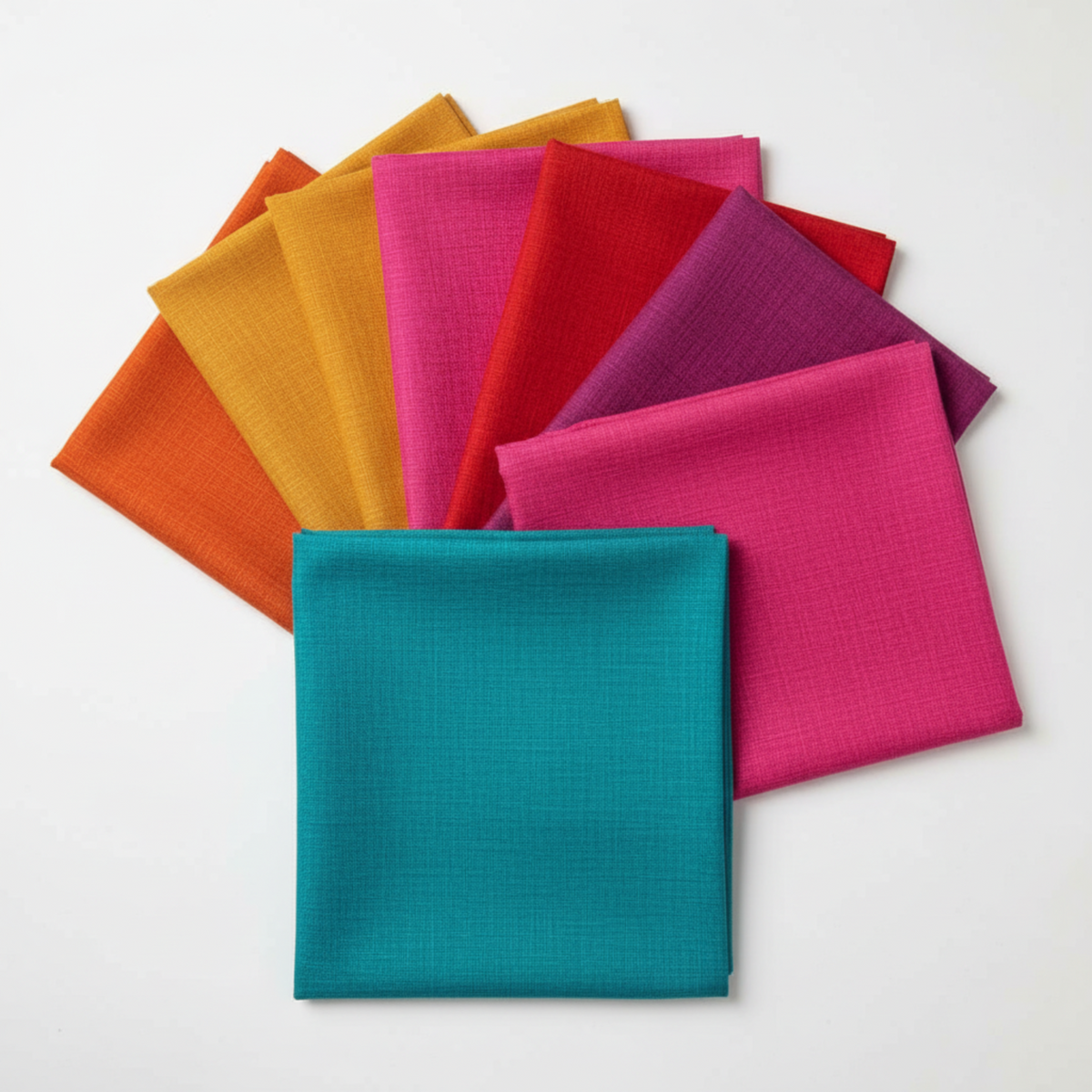 nterwoven Blue Green Fabric by Jason Yenter for In The Beginning Fabrics as the hero fabric in a coordination fan — vivid teal crosshatch tonal in front, with coordinating Interwoven tonals in tomato, butterscotch, hot pink, red, crimson, and orchid fanned behind. 100% cotton, 43–44" wide.