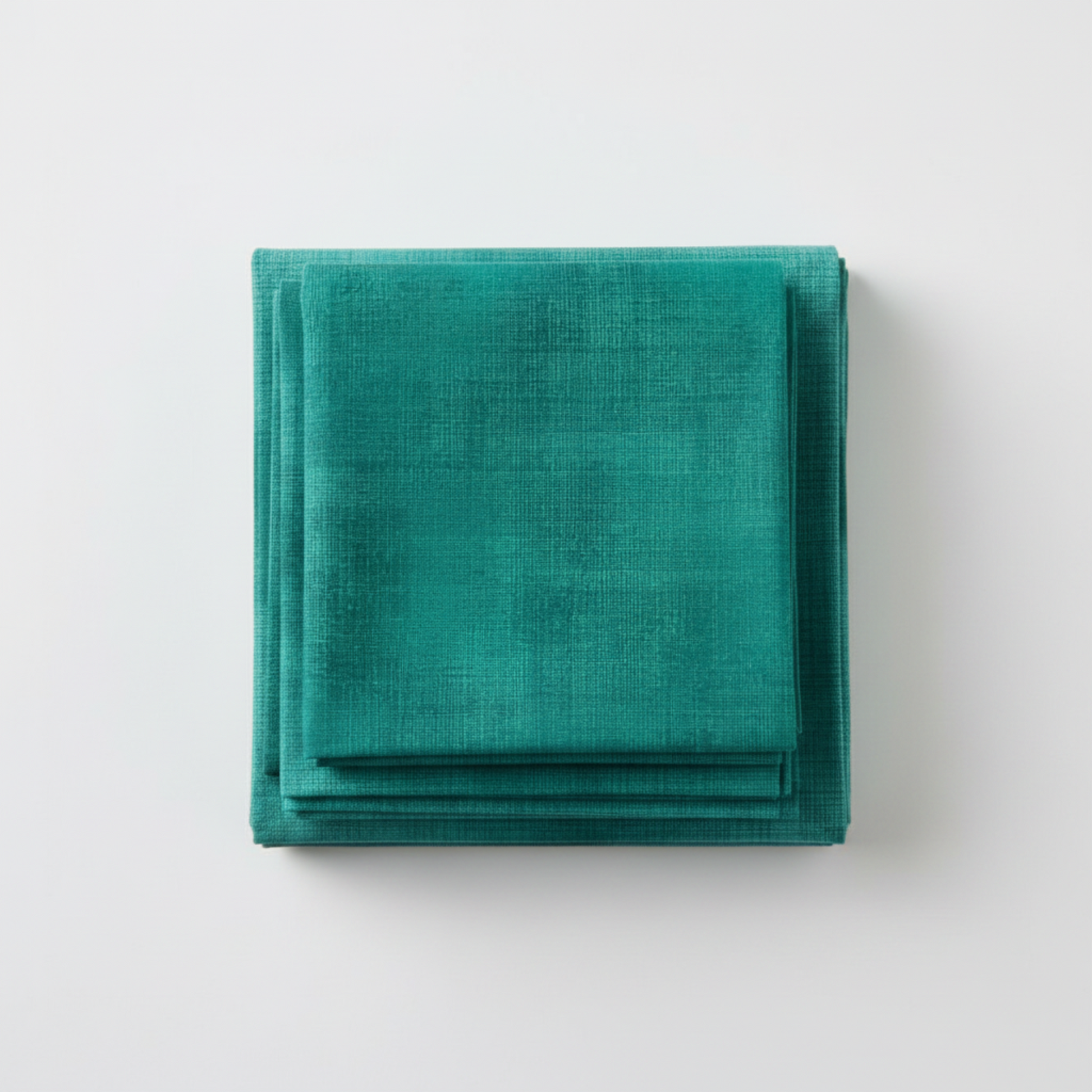 Interwoven Blue Green Fabric by Jason Yenter for In The Beginning Fabrics — neatly folded fat quarter showing vivid blue-green teal crosshatch texture with subtle aqua to deep teal tonal shifts. Clean white surface, soft natural light. 100% cotton, 43–44" wide.