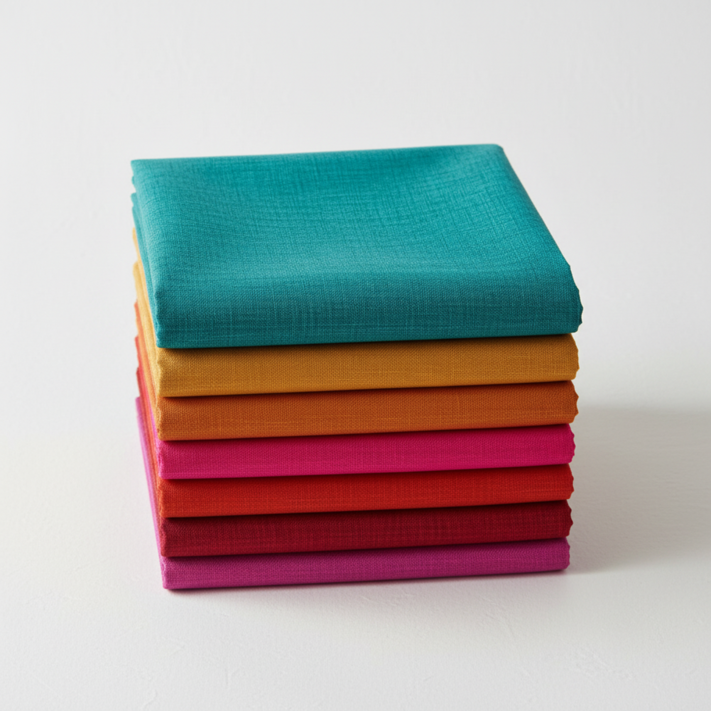 Interwoven Blue Green Fabric by Jason Yenter for In The Beginning Fabrics on top of a coordinating Interwoven fat quarter stack — vivid teal crosshatch tonal with tomato, butterscotch, hot pink, red, crimson, and orchid tonals below. 100% cotton, 43–44" wide.