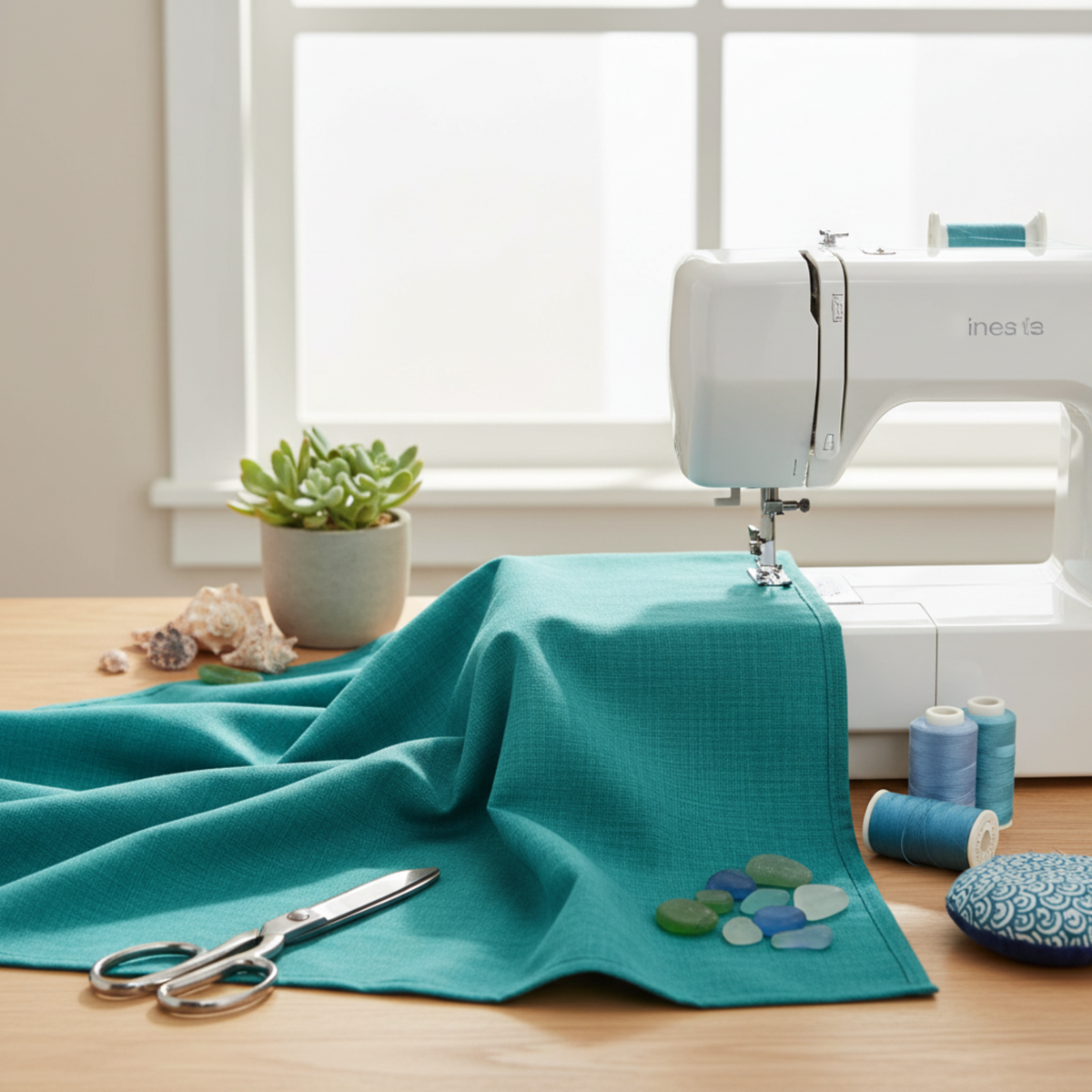 Interwoven Blue Green Fabric by Jason Yenter for In The Beginning Fabrics draped in soft folds on a sewing table — vivid blue-green teal crosshatch tonal styled with shells, sea glass, and blue thread spools. 100% cotton quilting cotton.