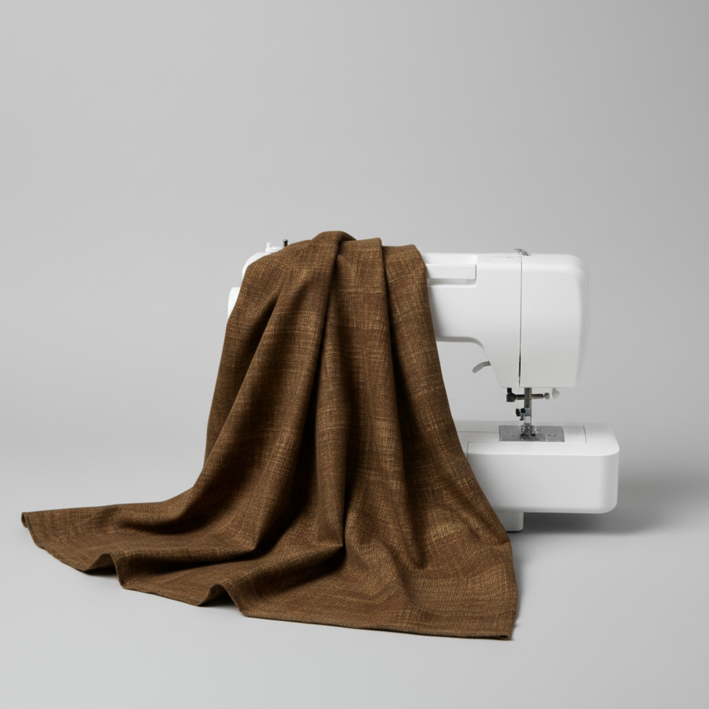 Interwoven Brown Fabric by Jason Yenter for In The Beginning Fabrics draped naturally over a sewing machine with soft folds showing the rich deep brown geometric crosshatch print and texture