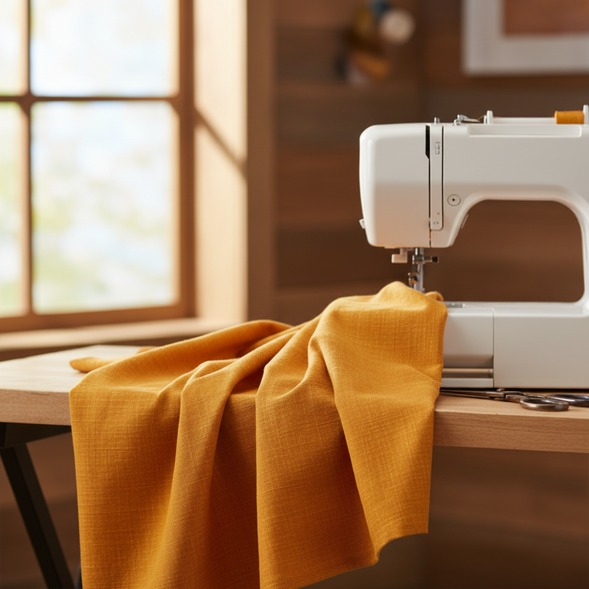 Interwoven Butterscotch Fabric by Jason Yenter for In The Beginning Fabrics draped in generous folds next to a white sewing machine on a wooden sewing table — warm golden amber crosshatch tonal with linen-like texture depth. 100% cotton quilting cotton.