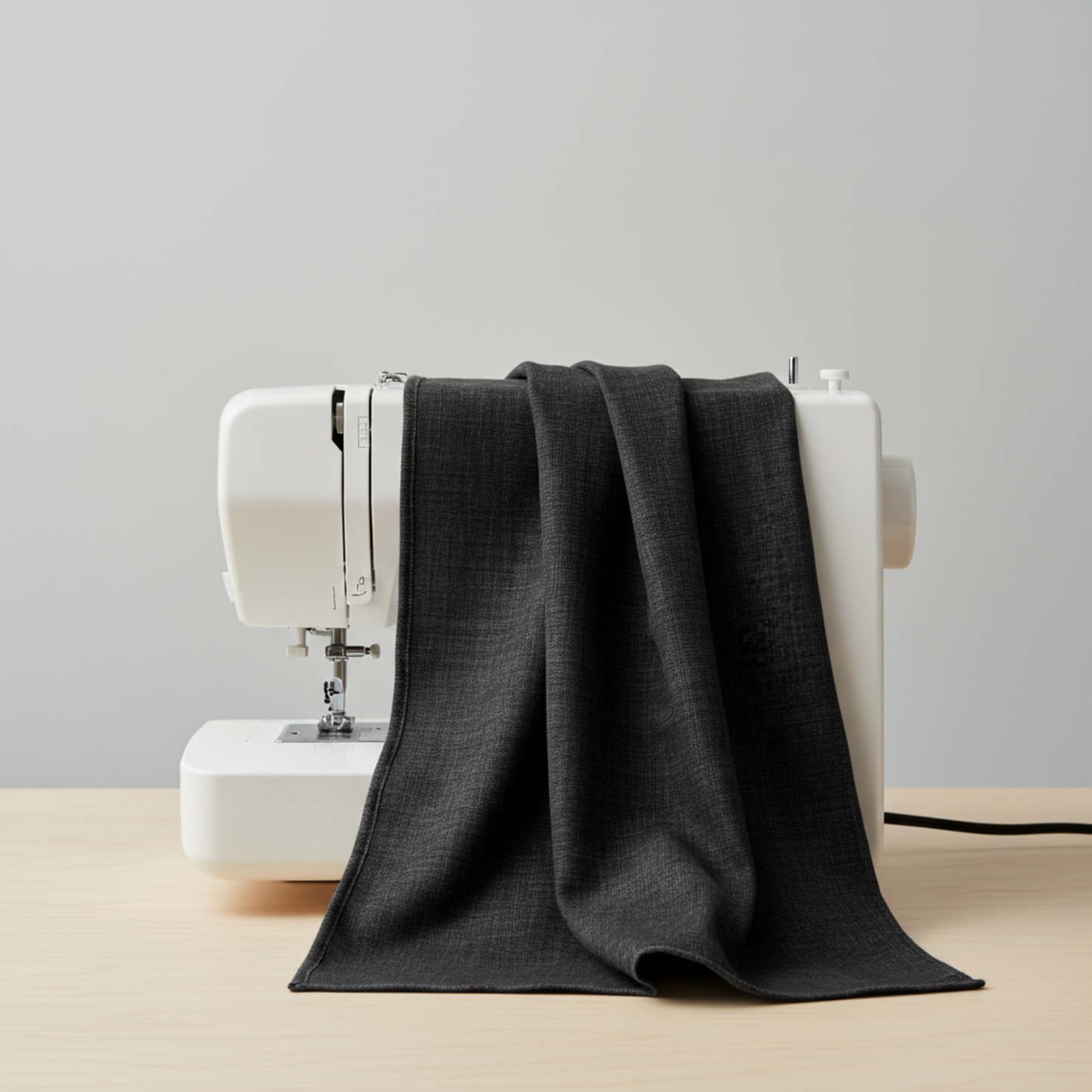 Interwoven Charcoal quilting cotton fabric draped naturally over a sewing machine with soft folds showing the deep grey-black geometric crosshatch print – by Jason Yenter for In The Beginning Fabrics