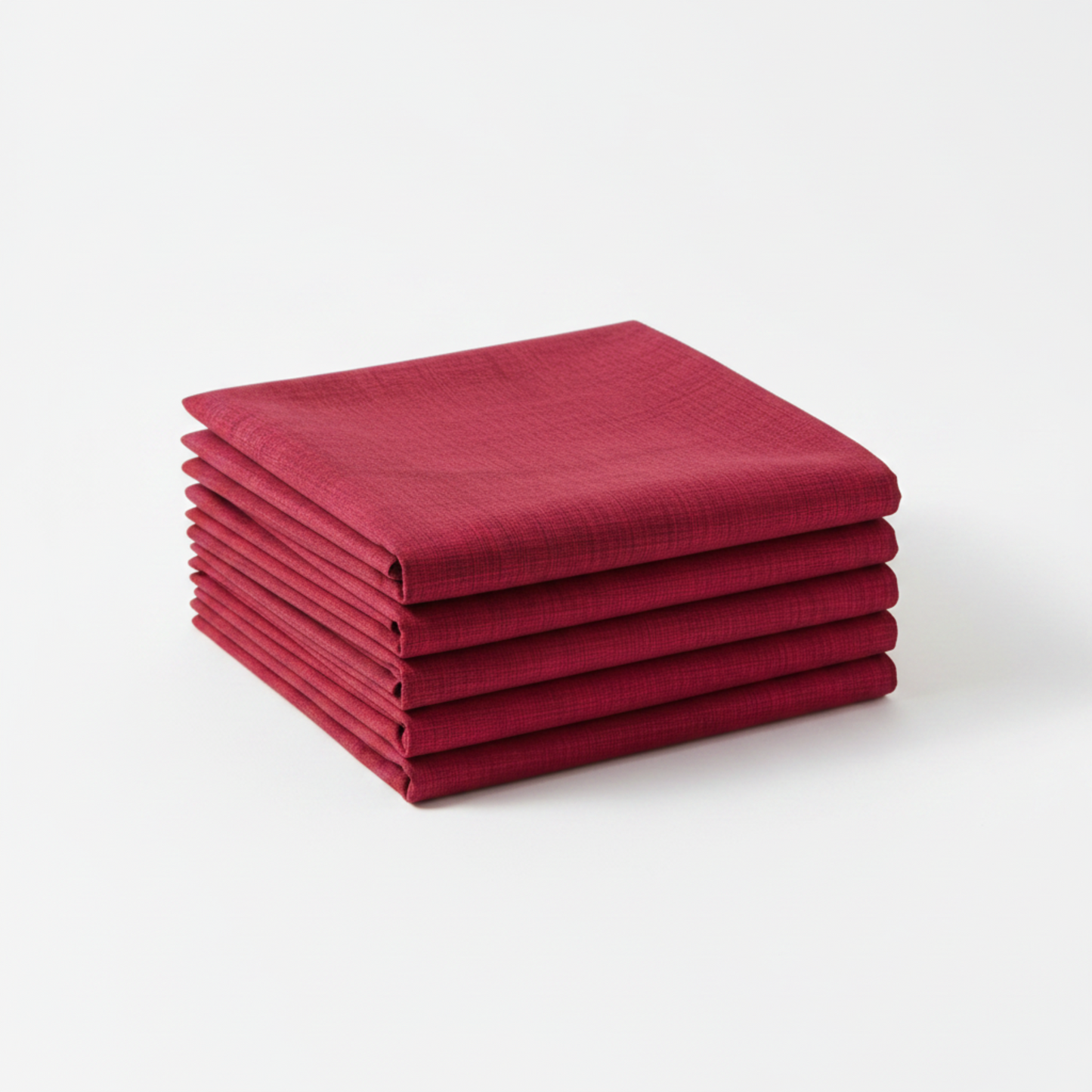 Interwoven Cherry Fabric by Jason Yenter for In The Beginning Fabrics — neatly folded fat quarter stack showing deep cherry red crosshatch texture print with subtle tonal shifts from vivid true red to deep burgundy-wine. Clean white surface, soft natural light. 100% cotton, 43–44" wide.