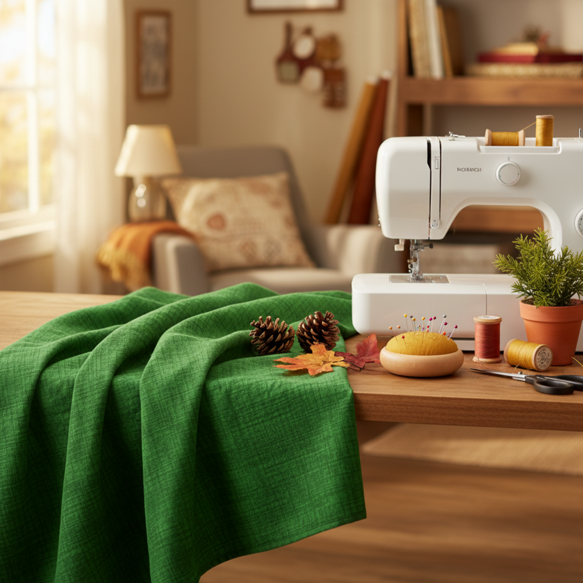 Interwoven Dark Green Fabric by Jason Yenter for In The Beginning Fabrics draped in soft folds next to a white sewing machine on a wooden table — deep forest green crosshatch tonal styled with autumn leaves, pinecones, and a small potted evergreen. 100% cotton quilting cotton.