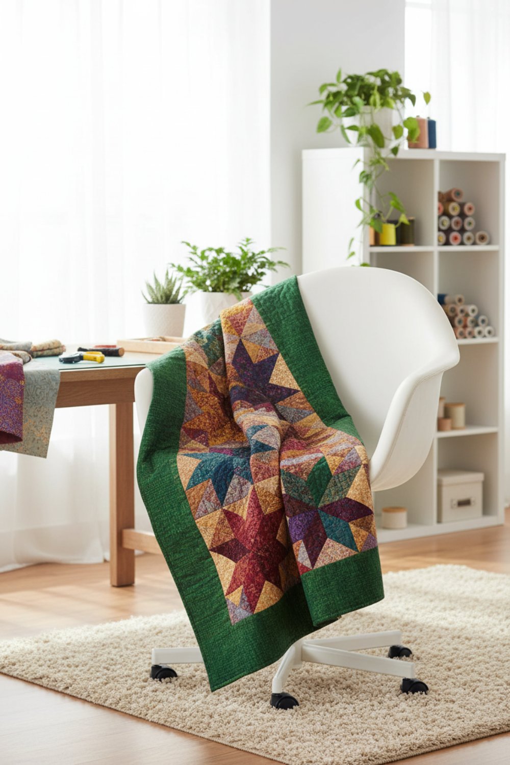 Interwoven Dark Green Fabric by Jason Yenter for In The Beginning Fabrics as sashing and border in a modern traditional quilt draped over a sewing chair — paired with coordinating jewel tones in red, gold, plum, and teal. Quilt blocks shown for inspiration. Coordinating fabrics and quilt patterns are available at IraRobi Quilts.