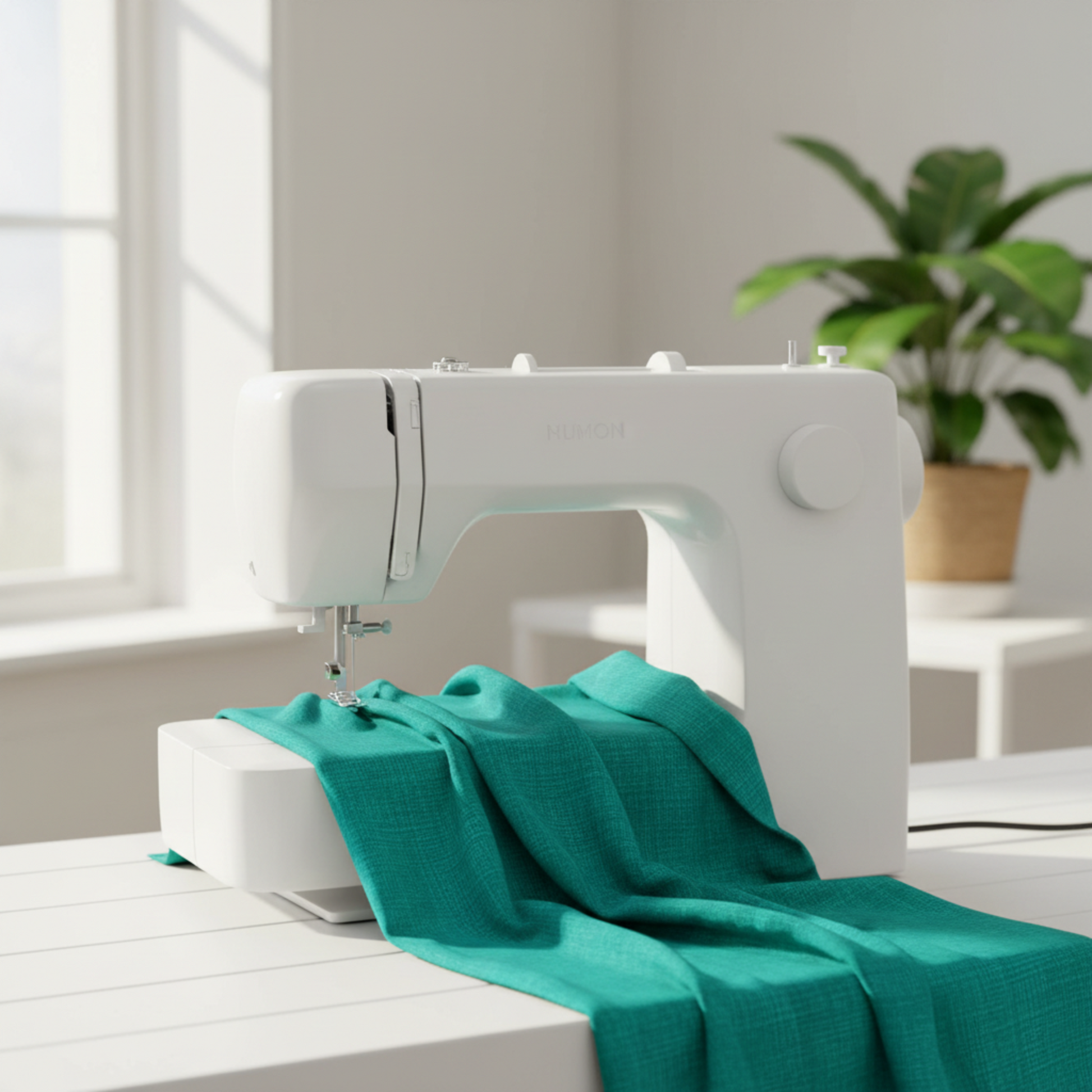 Interwoven Emerald Fabric by Jason Yenter for In The Beginning Fabrics draped in soft folds over a white sewing machine — vivid jewel-toned emerald green crosshatch tonal in natural light. 100% cotton quilting cotton, 43–44" wide.