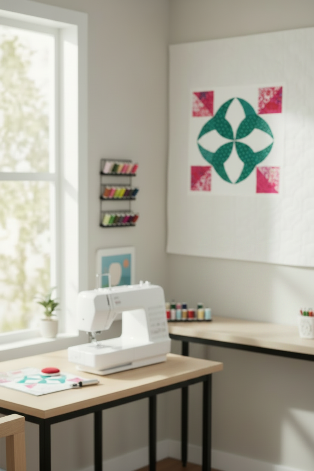 nterwoven Emerald Fabric by Jason Yenter for In The Beginning Fabrics featured in the curved petal shapes of a flower quilt block — vivid emerald green crosshatch tonal paired with hot pink polka dot, pink and red floral, and purple floral coordinating prints on a white background. Quilt blocks shown for inspiration. Coordinating fabrics and quilt patterns are available at IraRobi Quilts.