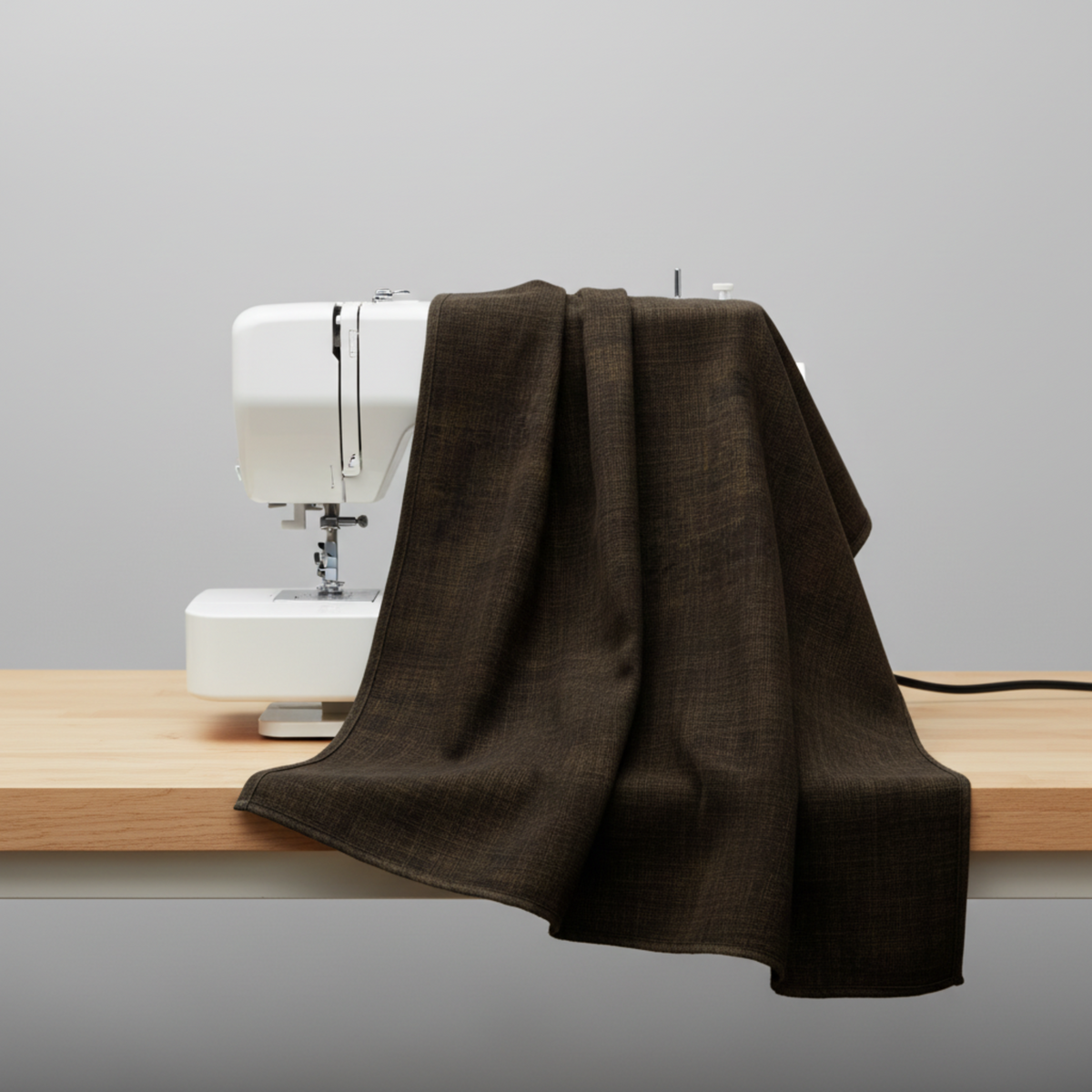 Interwoven Espresso Fabric by Jason Yenter for In The Beginning Fabrics draped over a sewing machine with soft natural folds showing the near-black espresso brown geometric crosshatch print