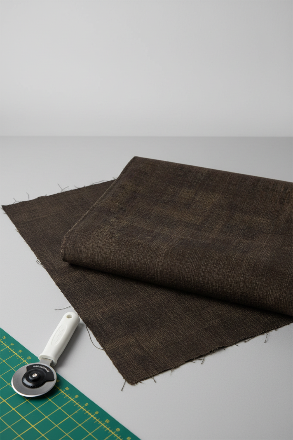 Near-black espresso brown quilting cotton fabric in a bright modern sewing room with cutting mat and rotary cutter – Interwoven Espresso by Jason Yenter. Shop at IraRobi Quilts | #espressofabric #interwoven #quiltingstudio #sewingroom #quiltingfabric