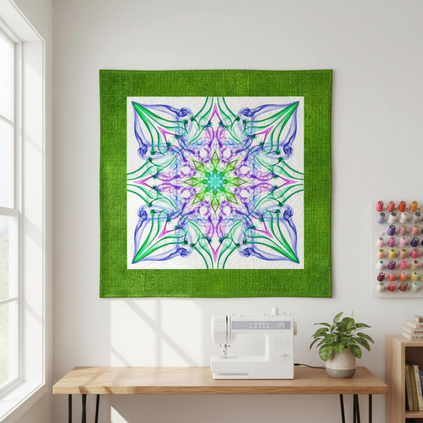 Interwoven Green Fabric by Jason Yenter for In The Beginning Fabrics used as a wide border on the Dream Big Ethereality Dragonfly Quilt Panel by Jeanie Sumrall-Ajero for Hoffman Fabrics — vivid grass green crosshatch tonal framing the kaleidoscopic mandala panel in progress on a cutting table. Quilt blocks shown for inspiration. Coordinating fabrics and quilt patterns are available at IraRobi Quilts.