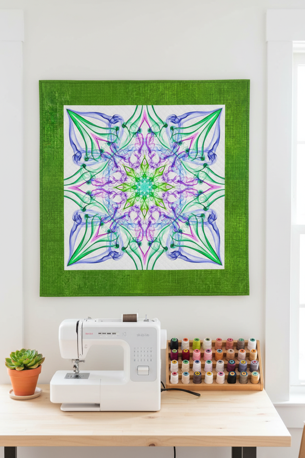 Interwoven Green Fabric by Jason Yenter for In The Beginning Fabrics as a wide border on the Dream Big Ethereality Dragonfly Quilt Panel by Jeanie Sumrall-Ajero for Hoffman Fabrics — vivid grass green crosshatch tonal framing the kaleidoscopic mandala panel in a bright sewing studio. Quilt blocks shown for inspiration. Coordinating fabrics and quilt patterns are available at IraRobi Quilts.