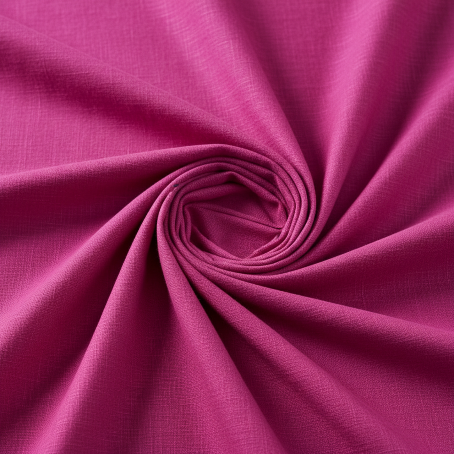 Interwoven Hot Pink Fabric by Jason Yenter for In The Beginning Fabrics draped in an elegant spiral fold on a white surface — vivid hot pink crosshatch tonal blender with linen-like texture depth and magenta-to-fuchsia tonal variation. 100% cotton quilting cotton.