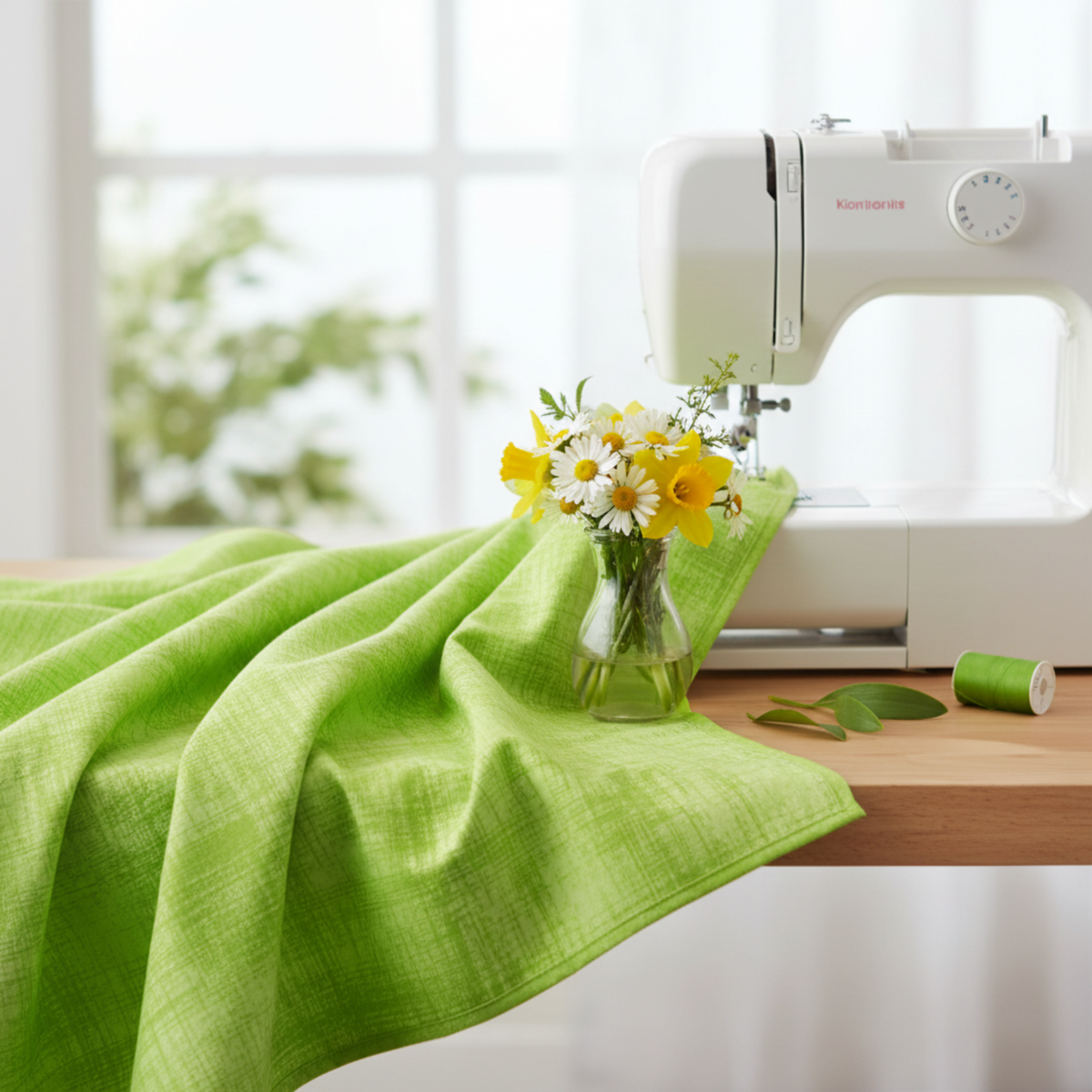 Interwoven Lime Fabric by Jason Yenter for In The Beginning Fabrics draped in generous folds next to a white sewing machine on a wooden sewing table — vivid lime green crosshatch tonal with fresh spring flowers and green leaves as styling props. 100% cotton quilting cotton.