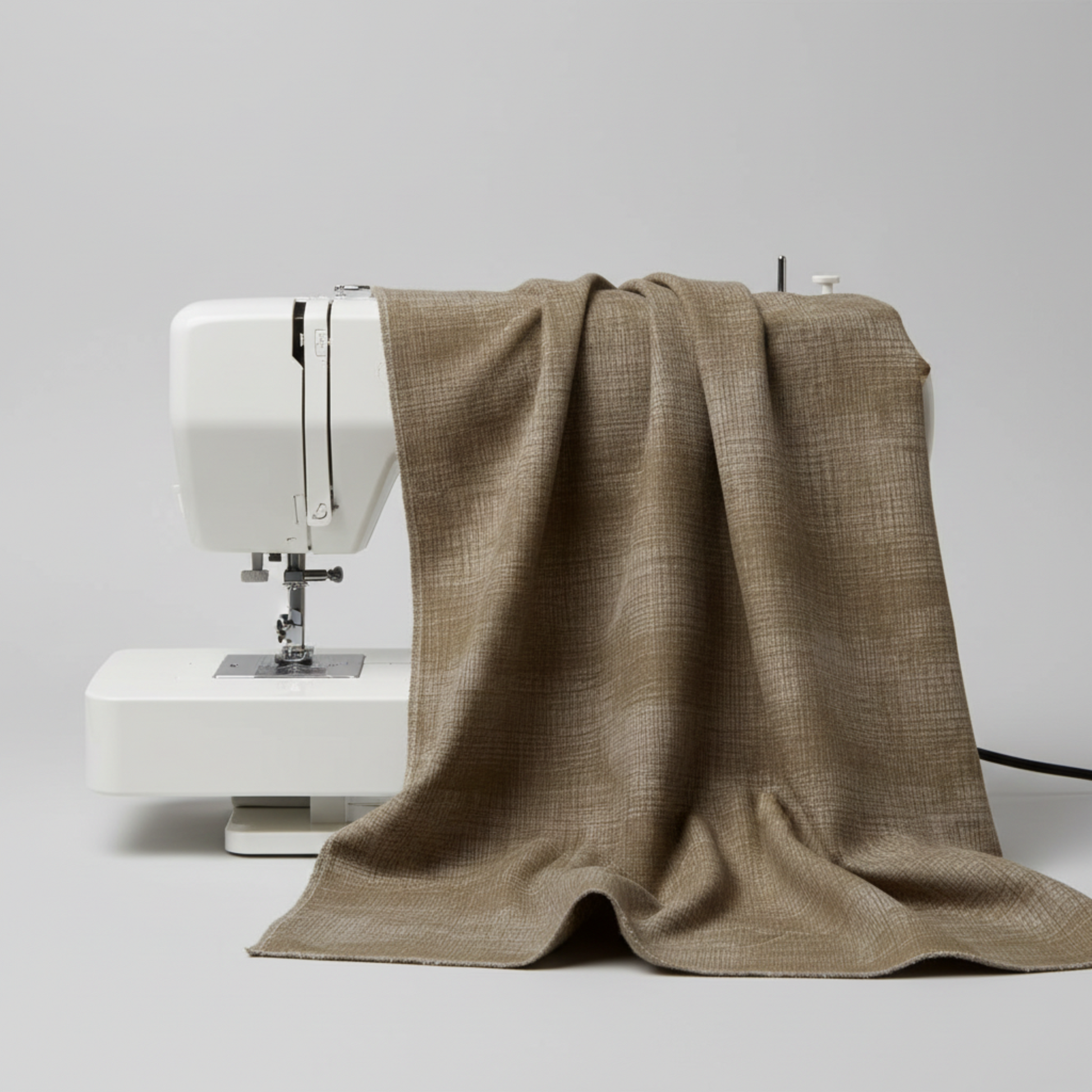 Interwoven Olive quilting cotton fabric draped naturally over a sewing machine with soft folds showing the warm olive-brown geometric crosshatch print – by Jason Yenter for In The Beginning Fabrics