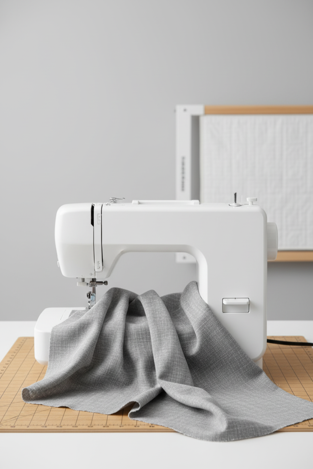 Cool medium grey quilting cotton fabric draped over a sewing machine in a clean quilting studio – Interwoven Pewter by Jason Yenter for In The Beginning Fabrics. Shop at IraRobi Quilts | #pewterfabric #interwoven #quiltingfabric #greyfabric #modernquilt