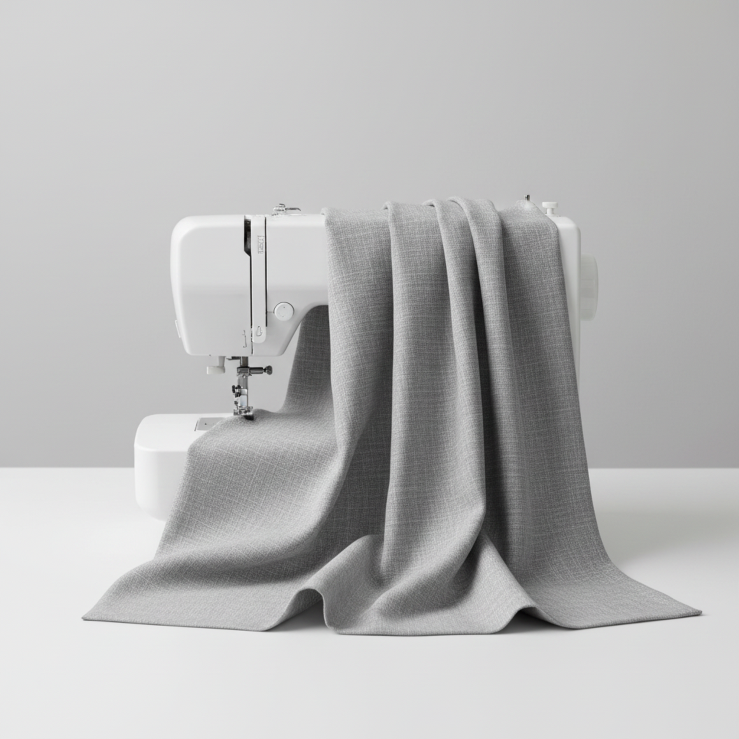 Interwoven Pewter Fabric by Jason Yenter for In The Beginning Fabrics draped over a sewing machine with soft natural folds showing the cool medium grey geometric crosshatch print