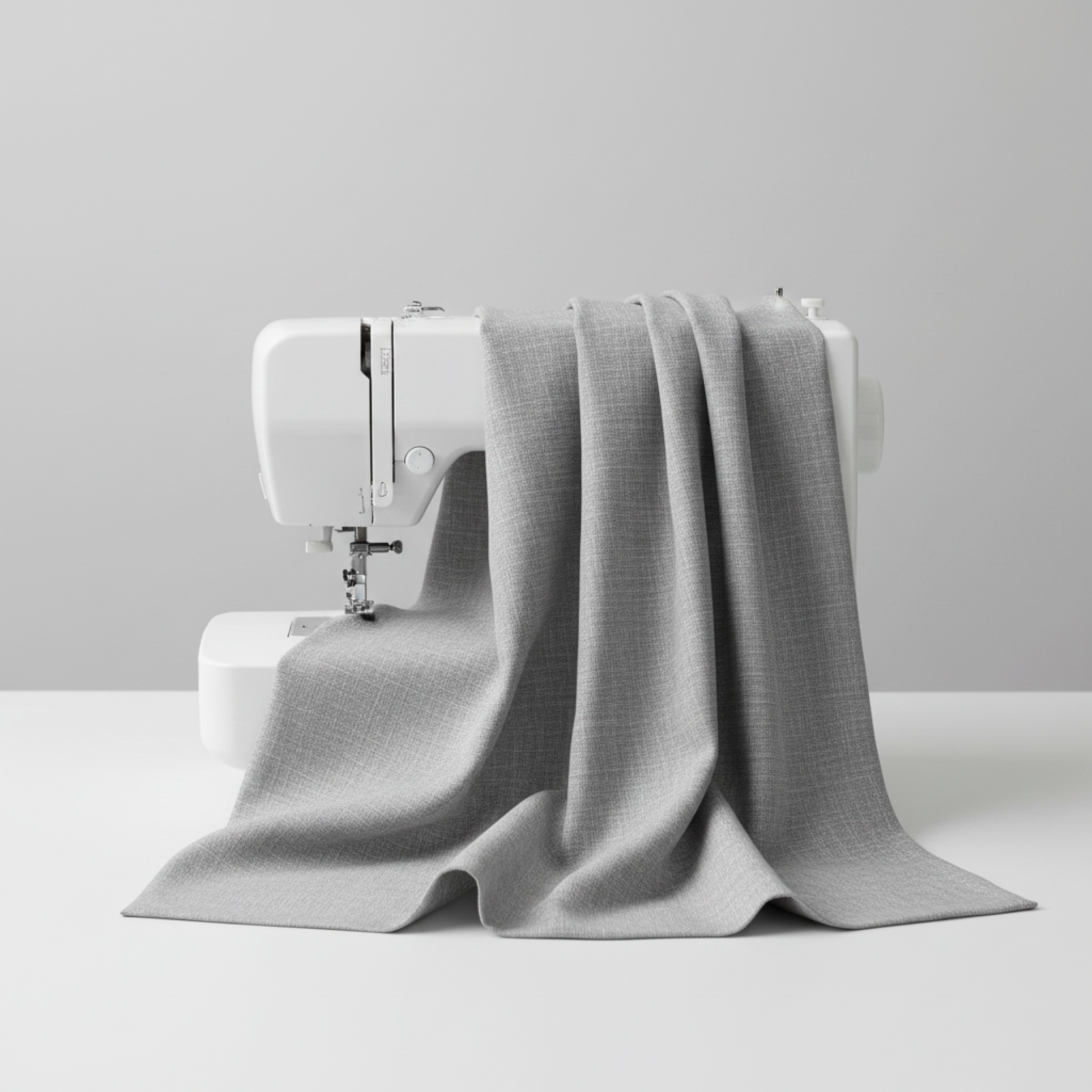 Interwoven Pewter Fabric by Jason Yenter for In The Beginning Fabrics draped over a sewing machine with soft natural folds showing the cool medium grey geometric crosshatch print