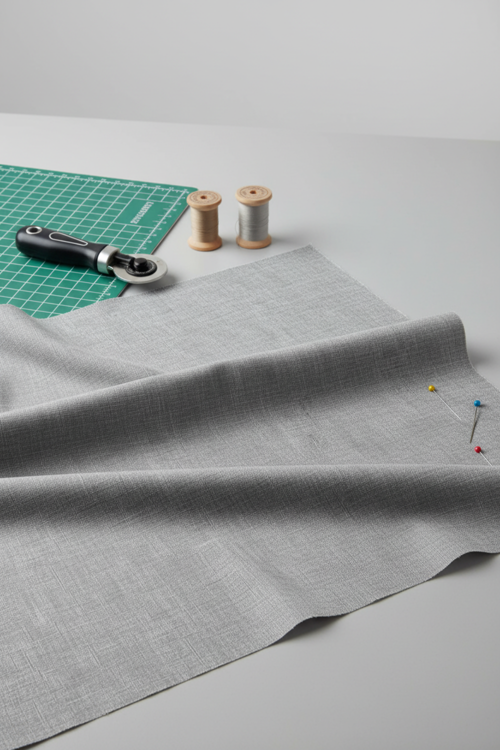 Cool grey quilting cotton fabric in a bright modern sewing room with cutting mat, rotary cutter, thread spools, and pins – Interwoven Pewter by Jason Yenter. Shop at IraRobi Quilts | #pewterfabric #interwoven #quiltingstudio #sewingroom #quiltingfabric