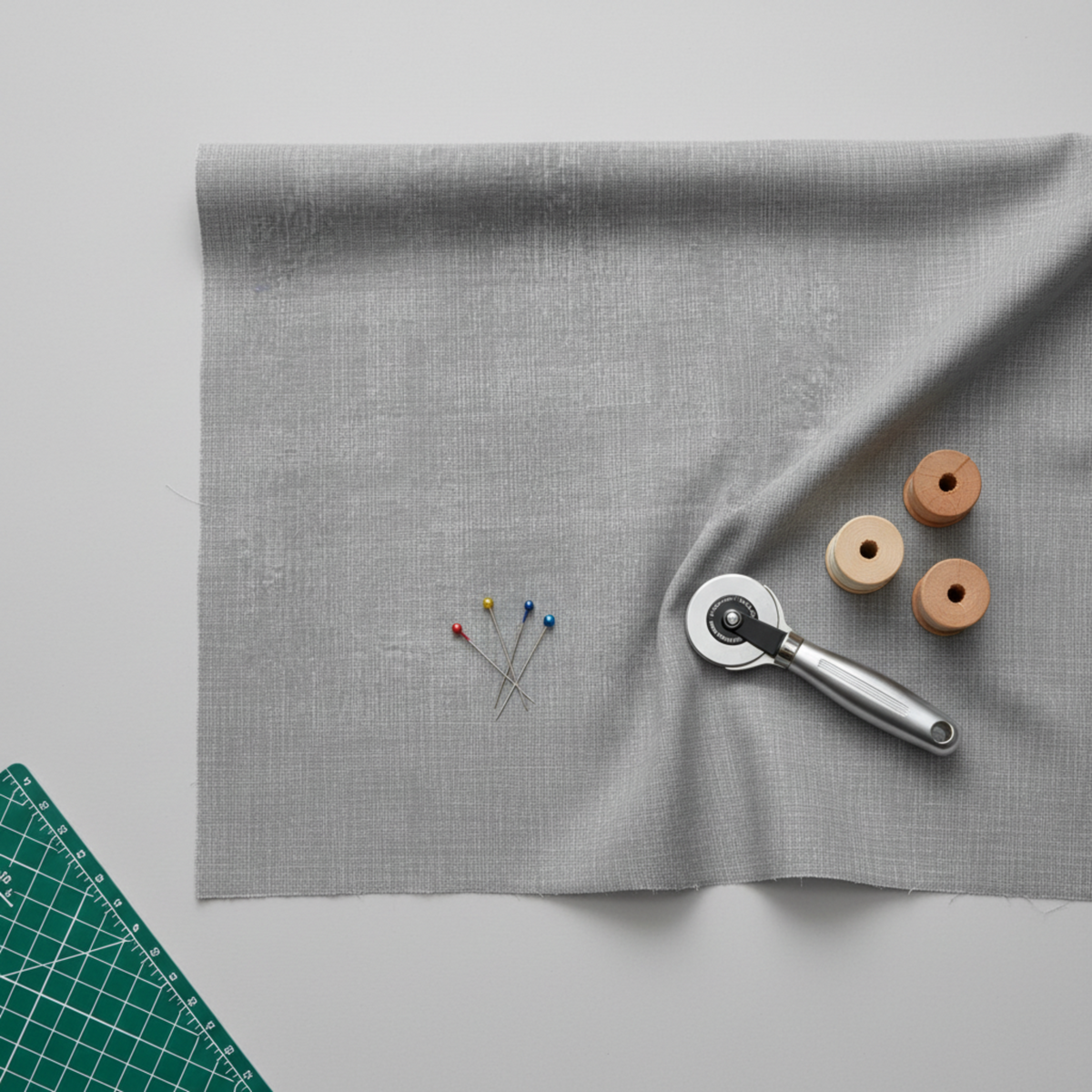 nterwoven Pewter Fabric by Jason Yenter for In The Beginning Fabrics in a clean quilting workspace with rotary cutter, cutting mat, thread spools, and pins