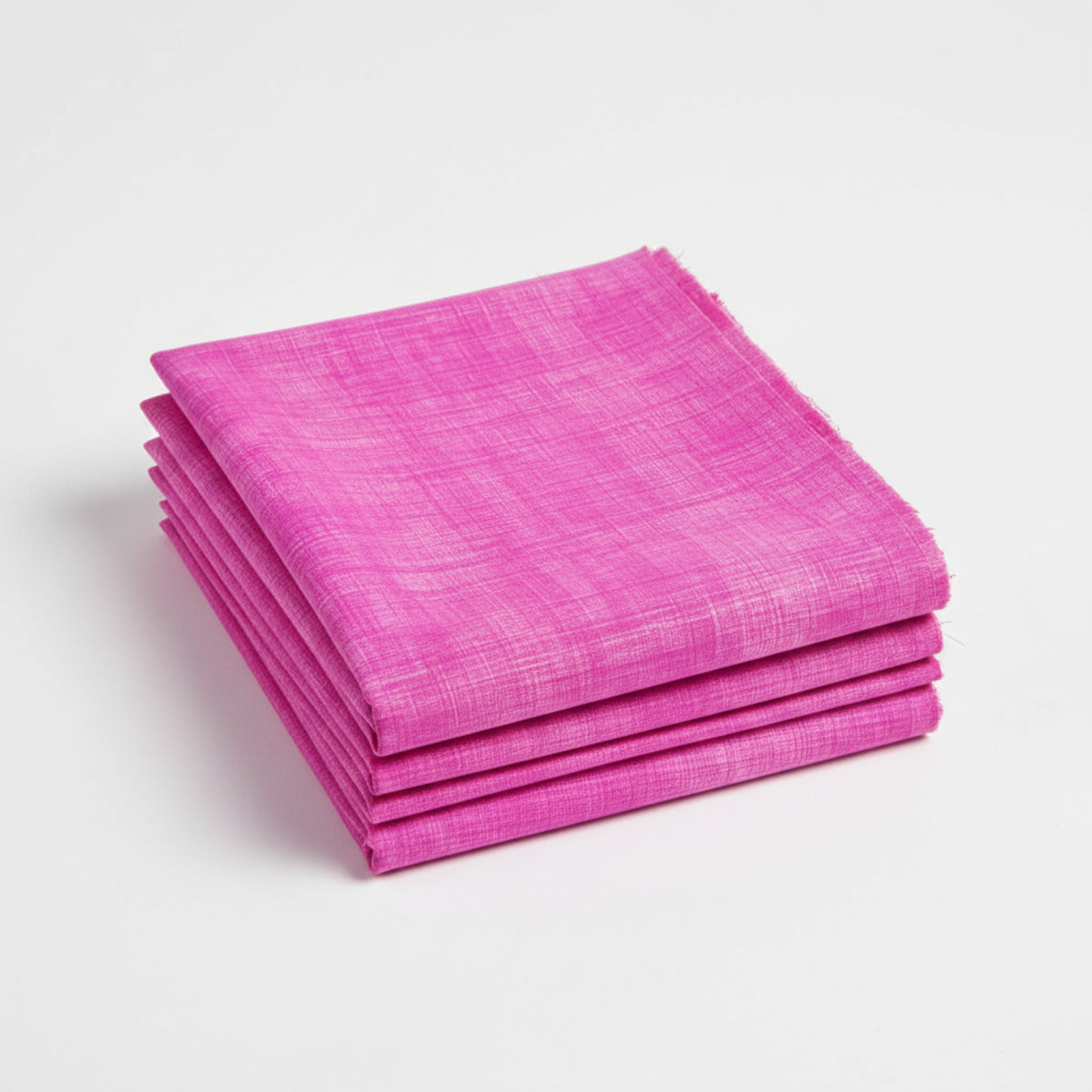 Interwoven Pink quilting cotton by Jason Yenter for In The Beginning Fabrics — neatly folded fat quarter stack showing vivid magenta-pink crosshatch texture print with subtle tonal shifts from bright hot pink to soft rose. Clean white surface, soft natural light. 100% cotton, 43–44" wide.