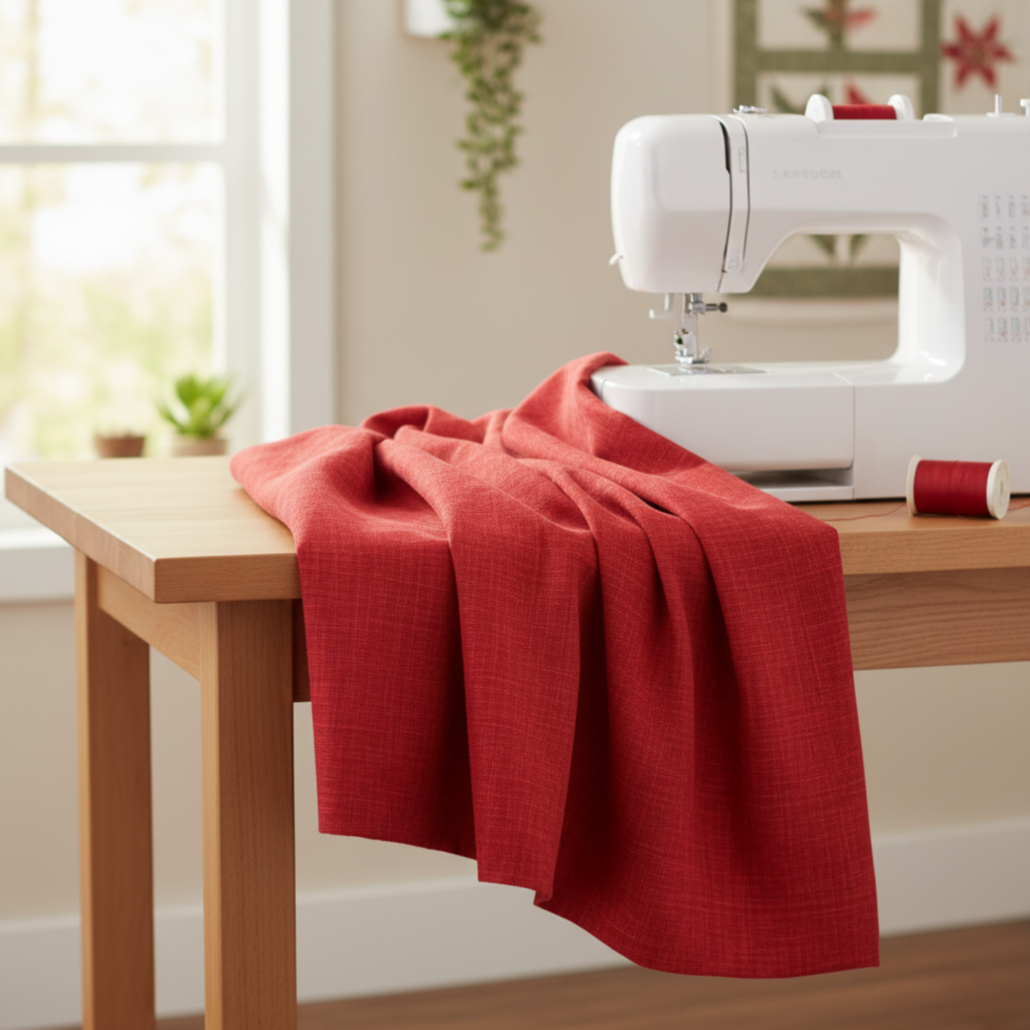 Interwoven Red Fabric by Jason Yenter for In The Beginning Fabrics draped in soft natural folds next to a white sewing machine on a wooden sewing table — vivid true red crosshatch tonal with subtle linen-like texture depth and scarlet-to-warm-red tonal variation. 100% cotton, 43–44" wide.
