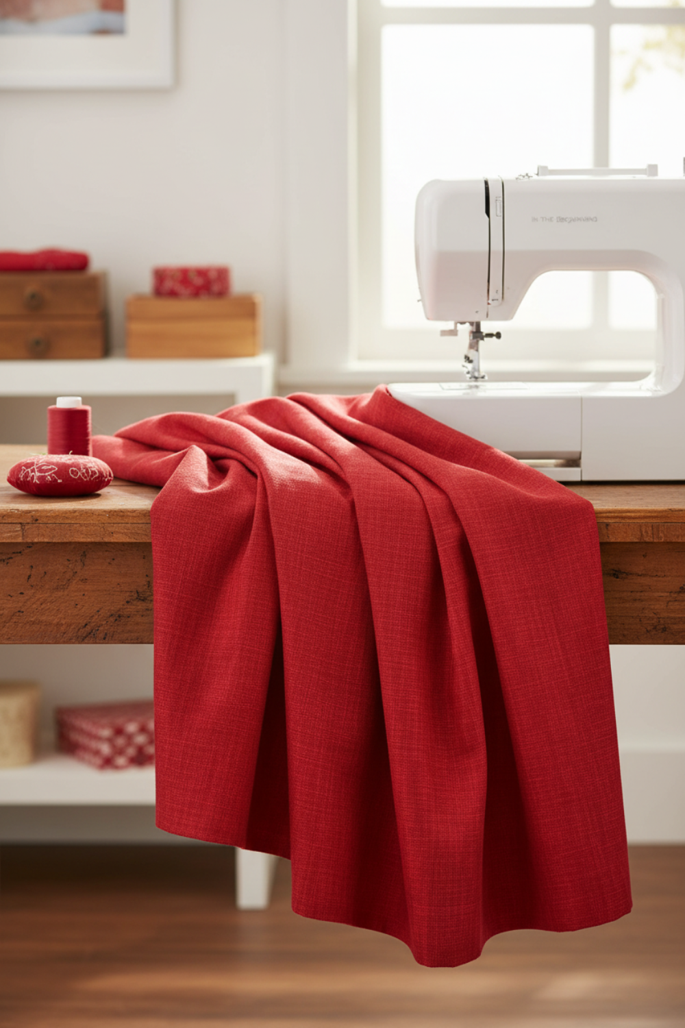 Interwoven Red Fabric by Jason Yenter for In The Beginning Fabrics cascading in generous folds beside a white sewing machine — vivid true red crosshatch tonal blender with linen-like depth. Perfect for modern, scrappy, and rainbow quilts. Available at IraRobi Quilts.
