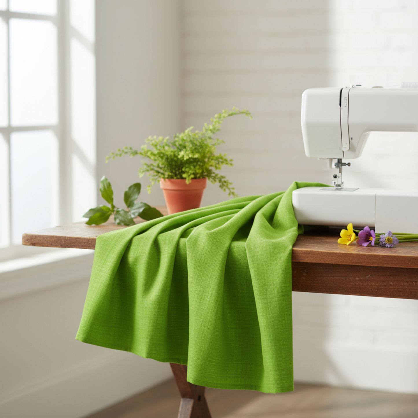 Interwoven Spring Grass Fabric by Jason Yenter for In The Beginning Fabrics draped in generous folds next to a white sewing machine on a wooden sewing table — fresh spring grass green crosshatch tonal with spring flowers, green leaves, and small potted plant as styling props. 100% cotton quilting cotton.