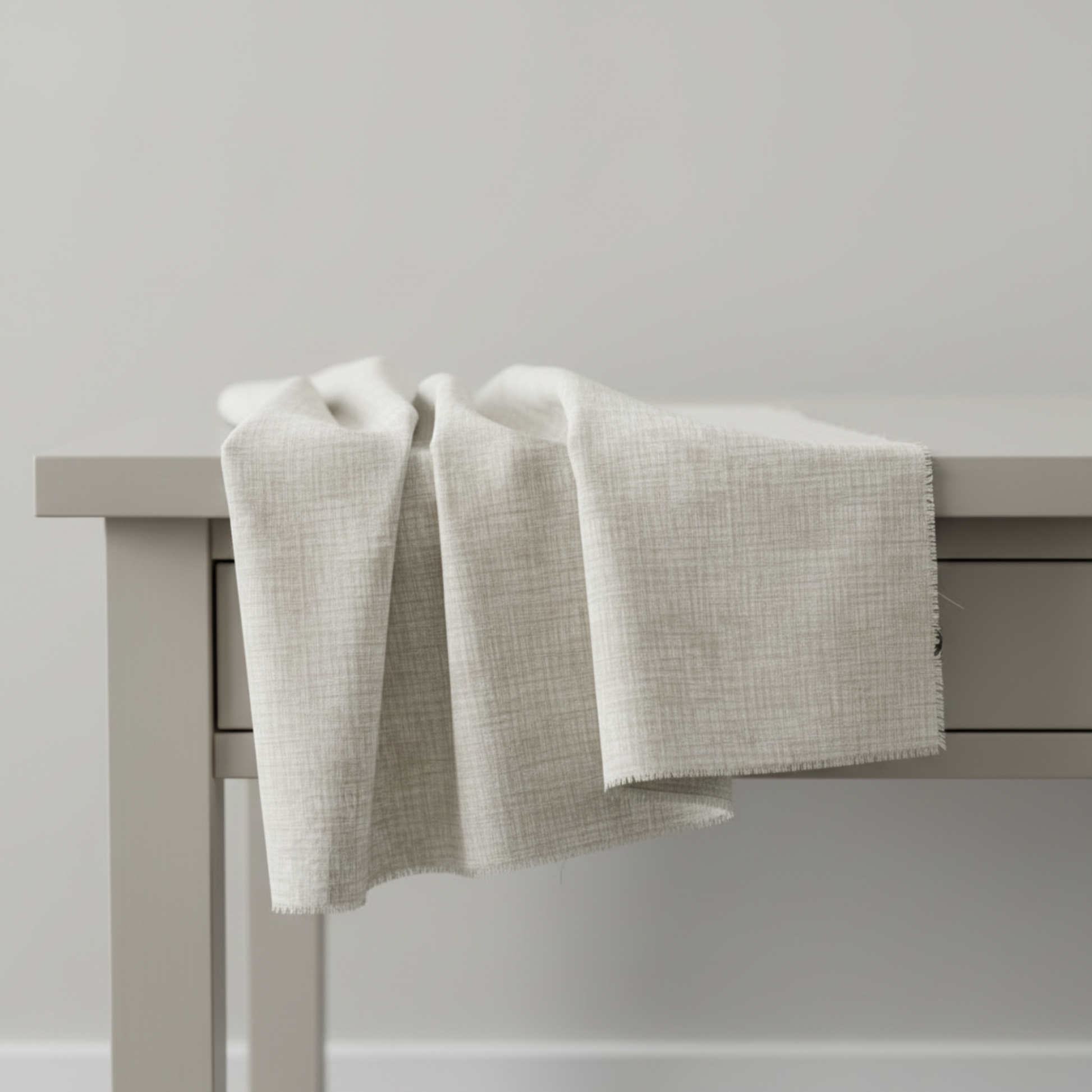 Interwoven Taupe Fabric by Jason Yenter for In The Beginning Fabrics — soft cream and taupe linen-look crosshatch blender quilting cotton draped over a grey table edge in a clean studio setting, raw cut edges visible, 100% cotton, 43–44" wide
