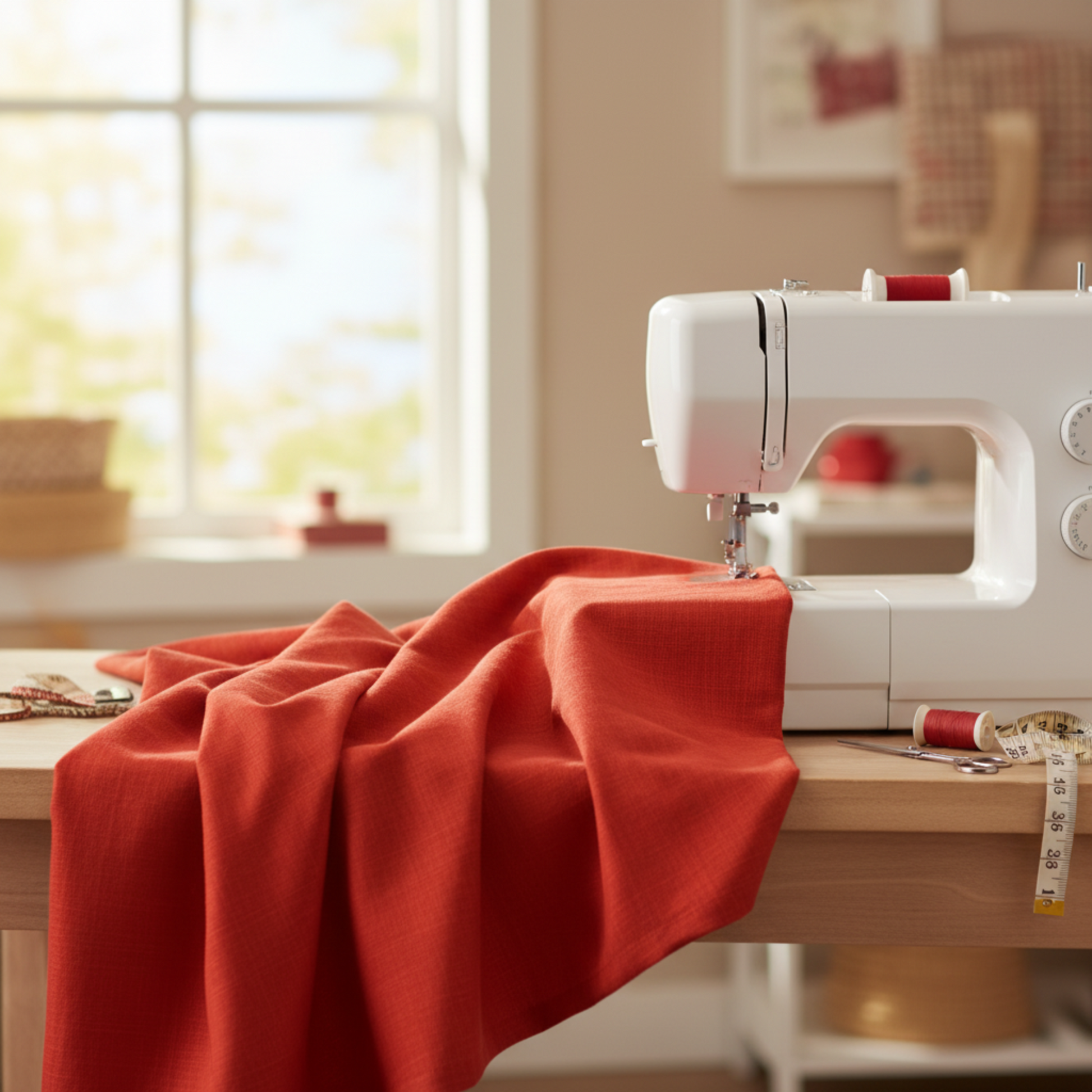 Interwoven Tomato Fabric by Jason Yenter for In The Beginning Fabrics draped in generous folds next to a white sewing machine on a wooden sewing table — vivid fire-engine red crosshatch tonal with linen-like texture depth. 100% cotton quilting cotton.