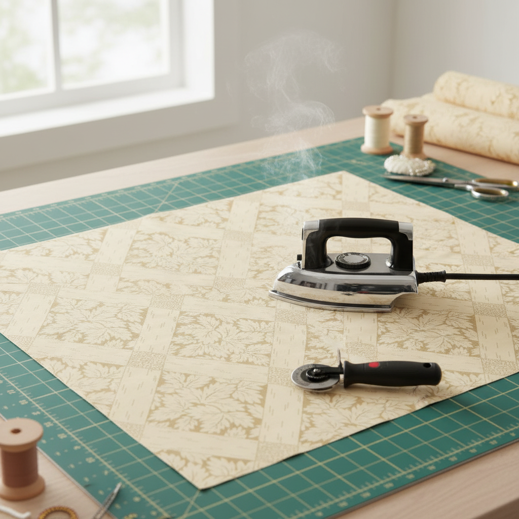 Vintage Charm Tan 108" Wide Quilt Back by Judie Rothermel for Marcus Fabrics – cream and gold lattice and leaf cotton laid out on cutting mat with steam iron and rotary cutter, no piecing needed