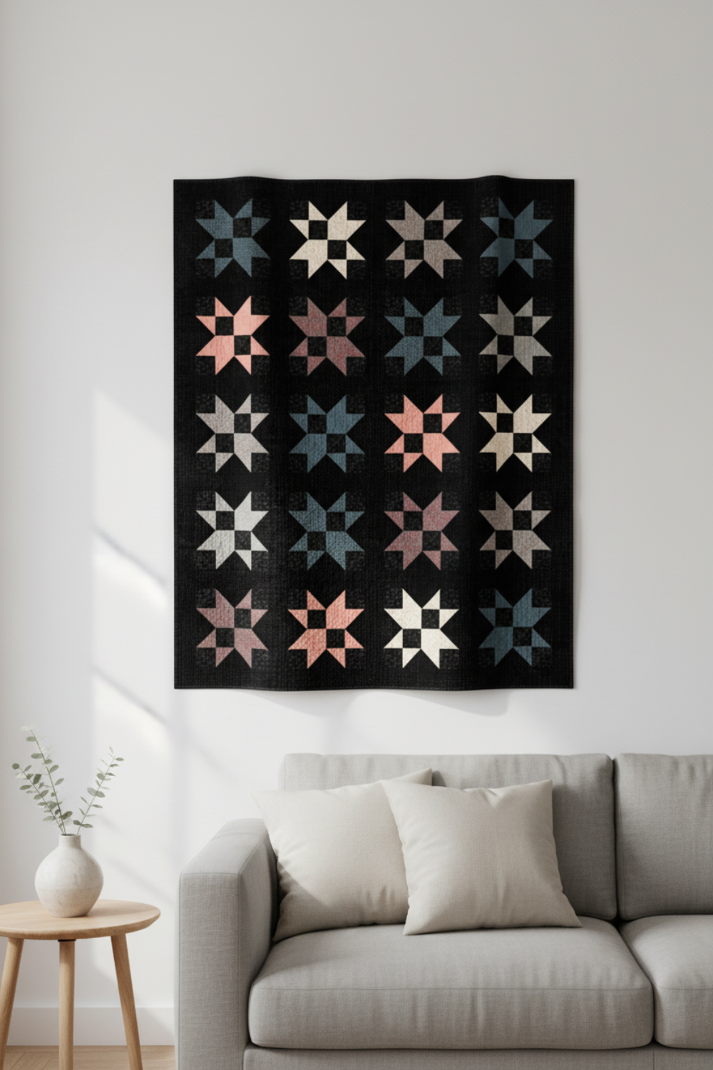 Jacks quilt with deep charcoal Interwoven background and eight-pointed star blocks in soft pink, dusty blue, slate and cream – Jacks Quilt Pattern using Interwoven Charcoal by Jason Yenter for In The Beginning Fabrics. Shop at IraRobi Quilts | #jacksquilt #quiltingfabric #charcoalfabric #interwoven #starquilt #modernquilt